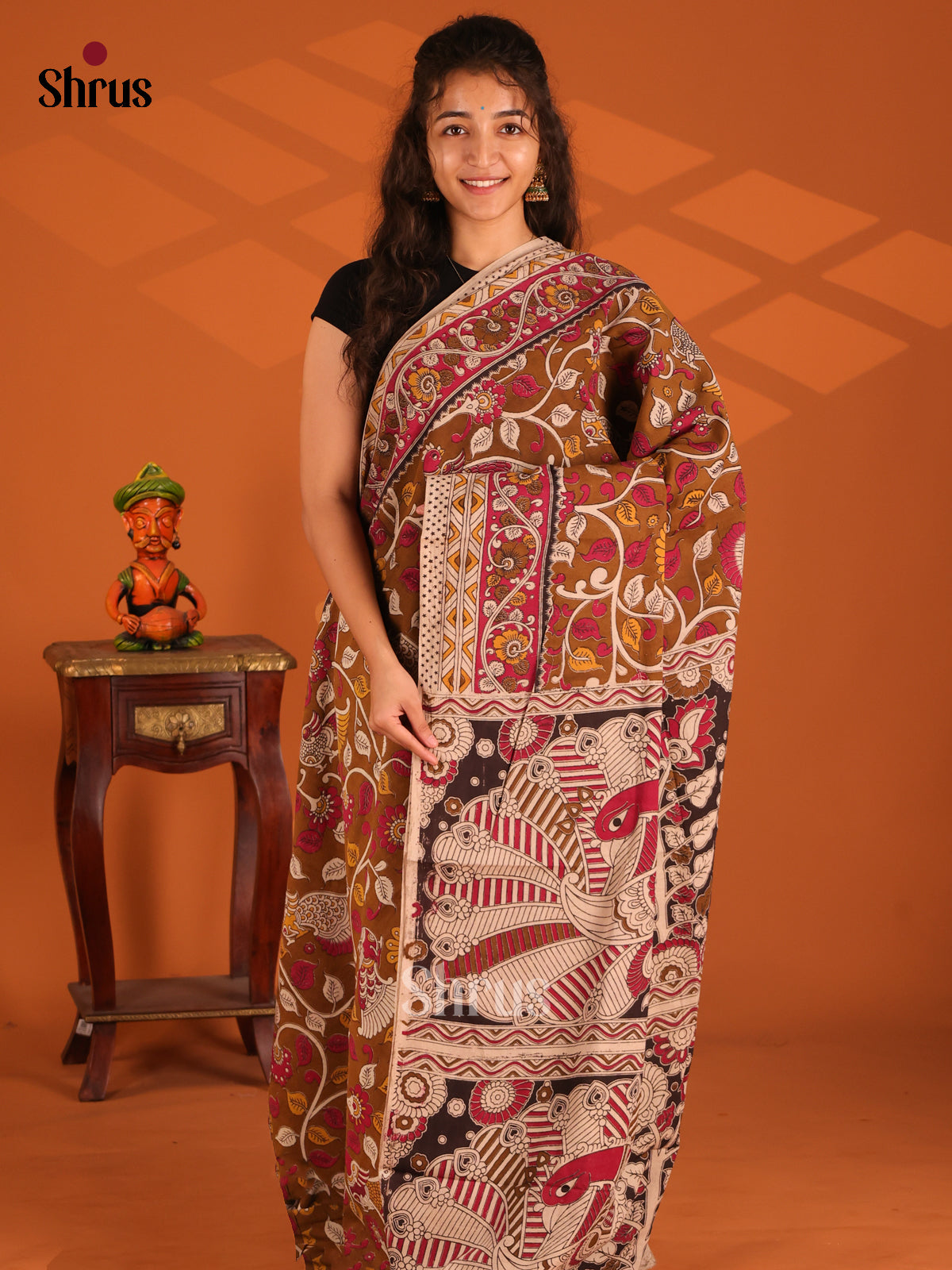 Brown & Cream- Kalamkari cotton saree - Shop on Shrus.com