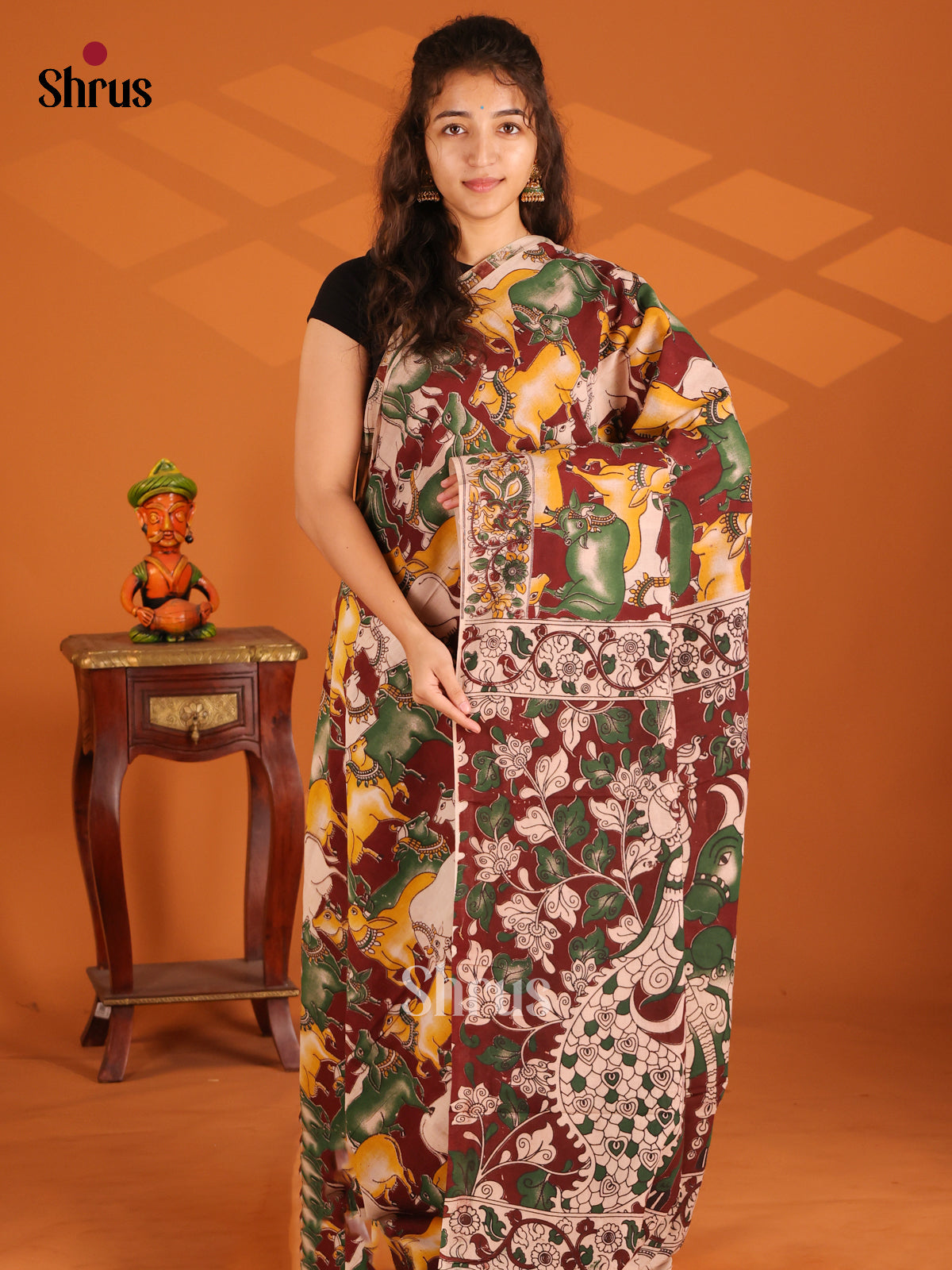 Brown & Green - Kalamkari cotton saree - Shop on Shrus.com