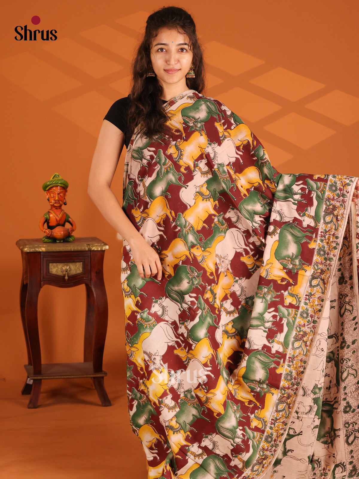 Brown & Green - Kalamkari cotton saree - Shop on Shrus.com