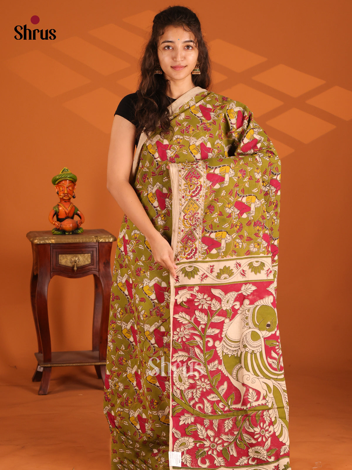 Green & Red - Kalamkari cotton saree - Shop on Shrus.com
