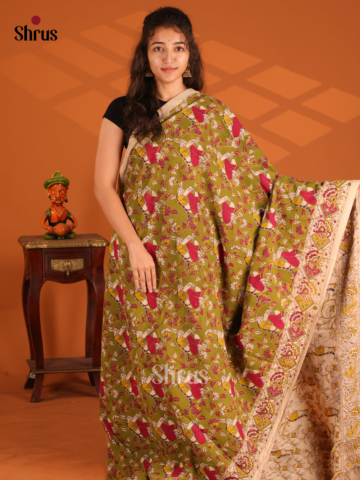 Green & Red - Kalamkari cotton saree - Shop on Shrus.com