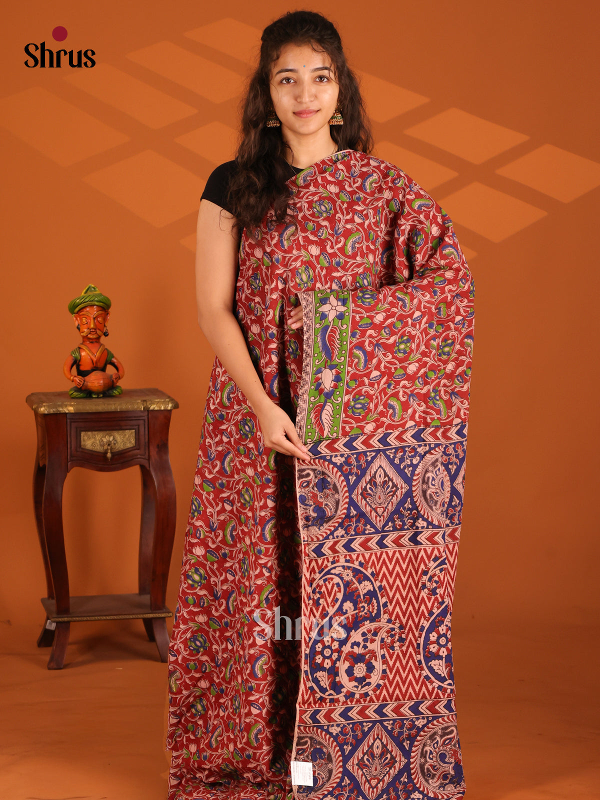 Red & Green - Kalamkari cotton saree - Shop on Shrus.com