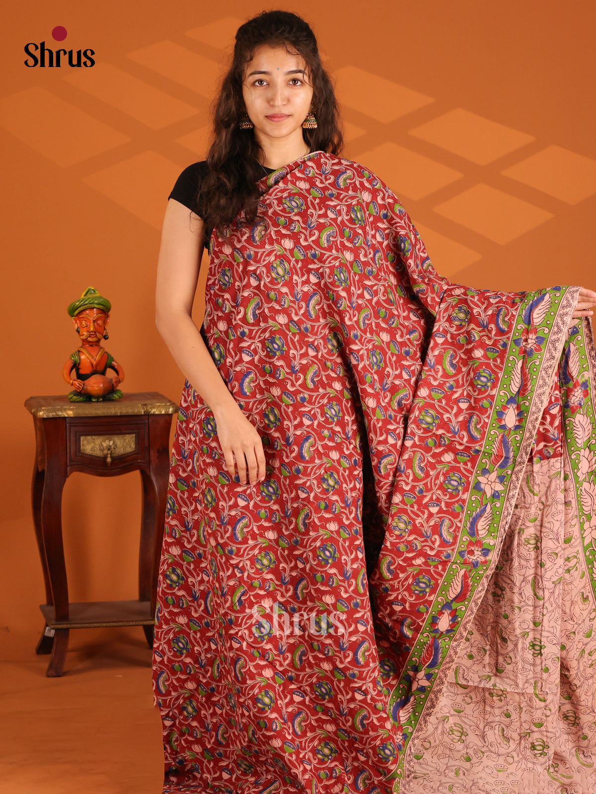 Red & Green - Kalamkari cotton saree - Shop on Shrus.com
