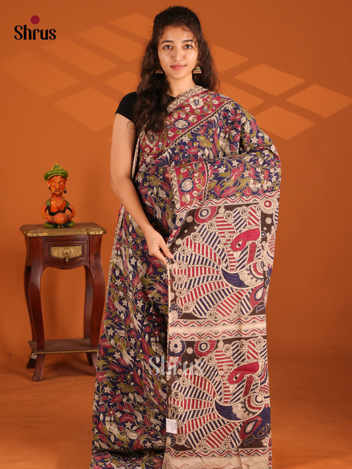 Blue with Red - Kalamkari cotton saree - Shop on Shrus.com