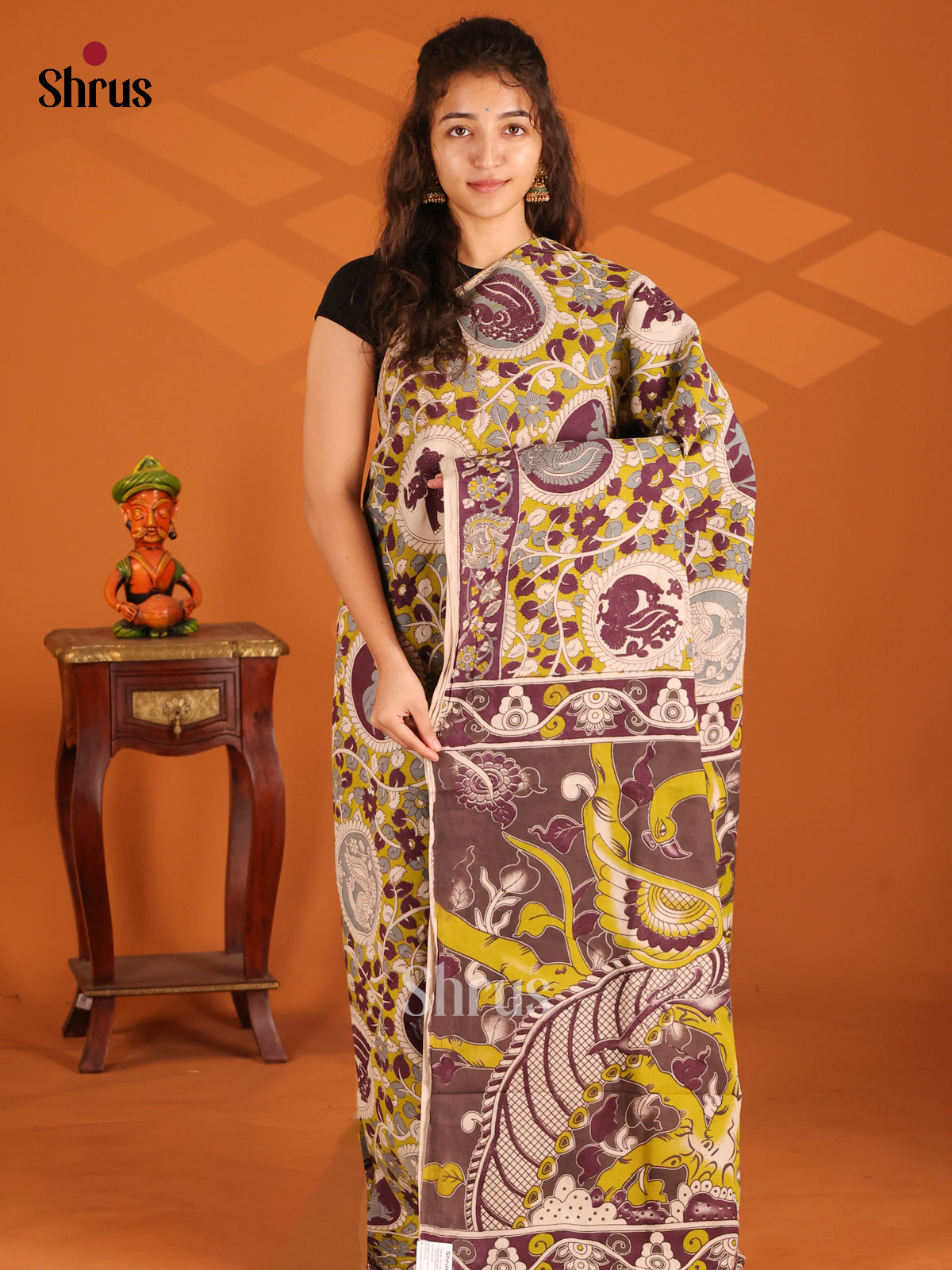 Mustardy Green & Brown - Kalamkari cotton saree - Shop on Shrus.com