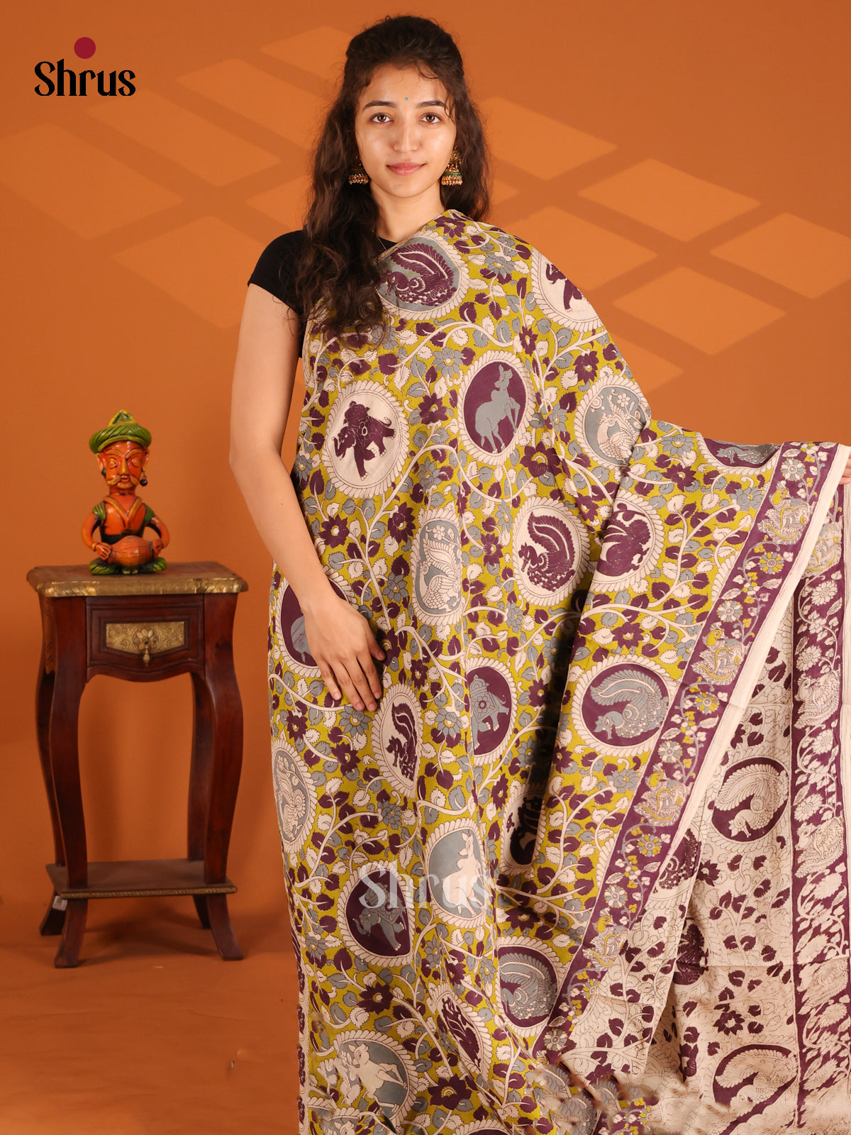 Mustardy Green & Brown - Kalamkari cotton saree - Shop on Shrus.com