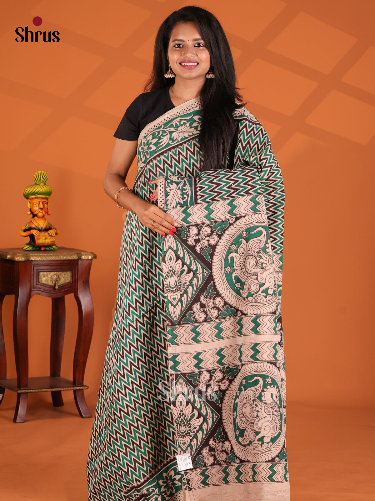 Green & Cream- kalamkari-cotton Saree - Shop on Shrus.com