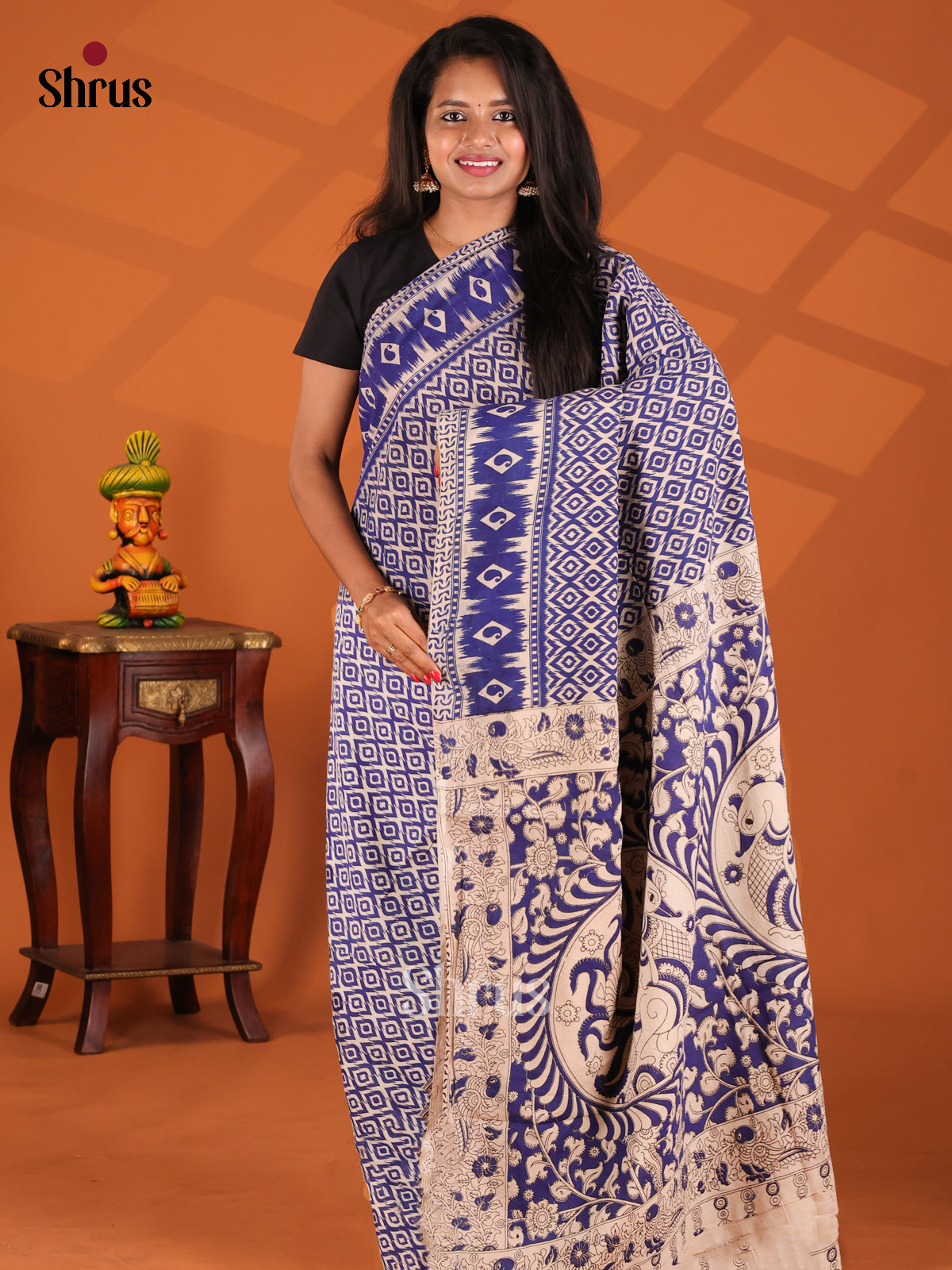 Blue & Cream - kalamkari-cotton Saree - Shop on Shrus.com