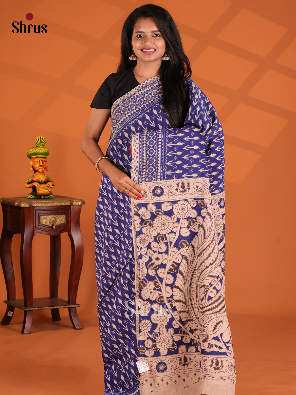 Blue & Cream - kalamkari-cotton Saree - Shop on Shrus.com