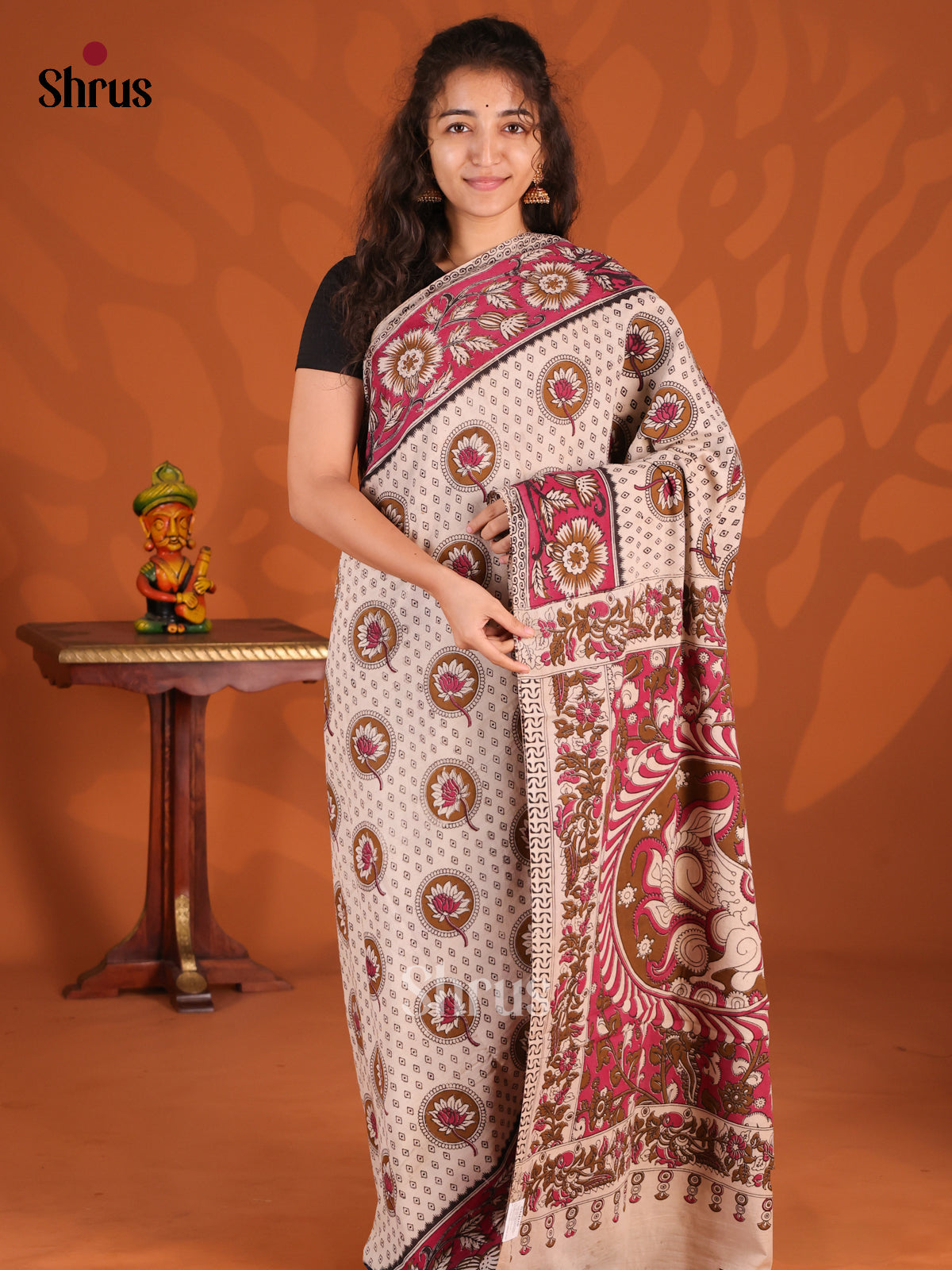 Cream & Majenta- kalamkari-cotton Saree - Shop on Shrus.com