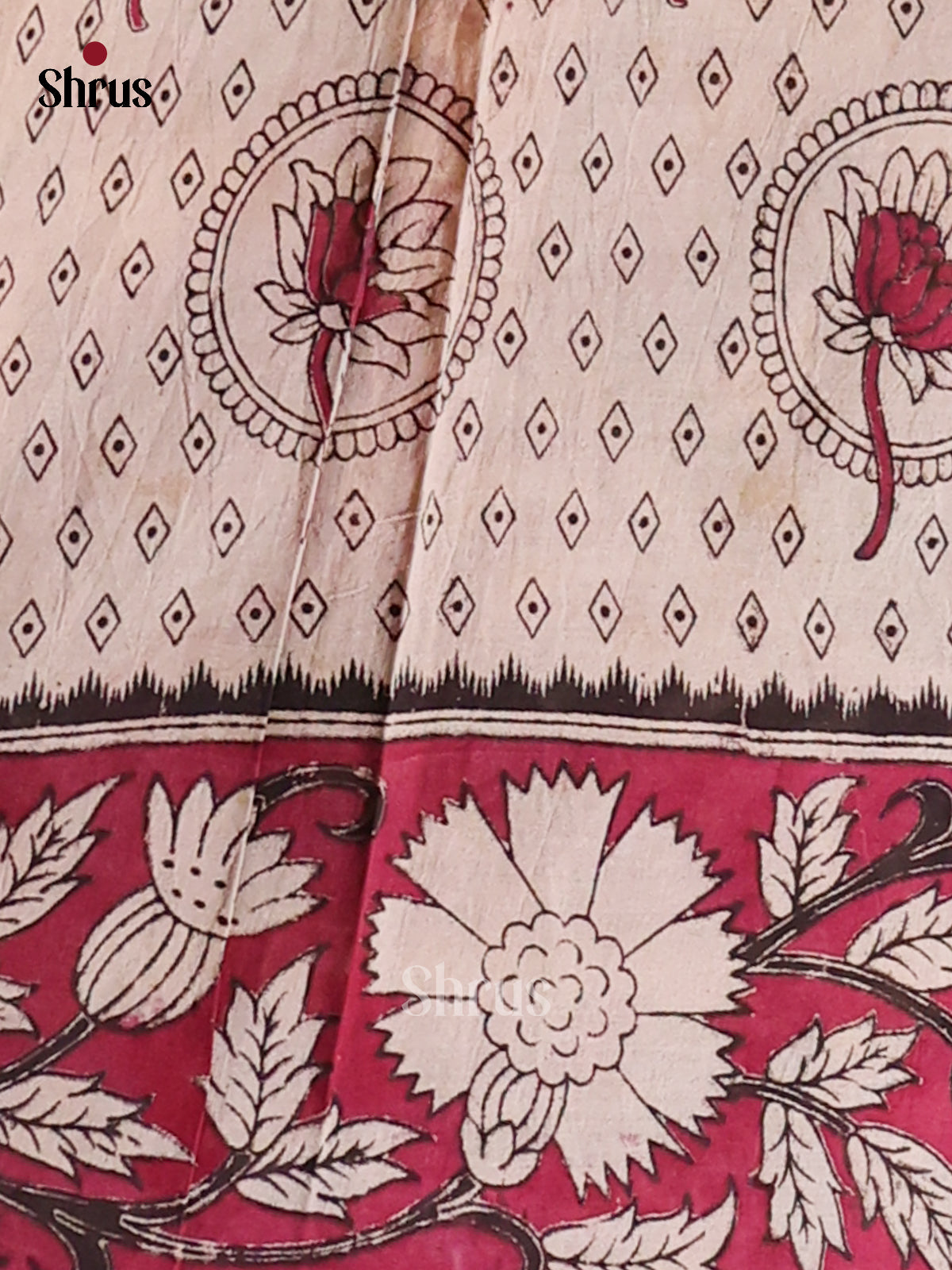 Cream & Majenta- kalamkari-cotton Saree - Shop on Shrus.com