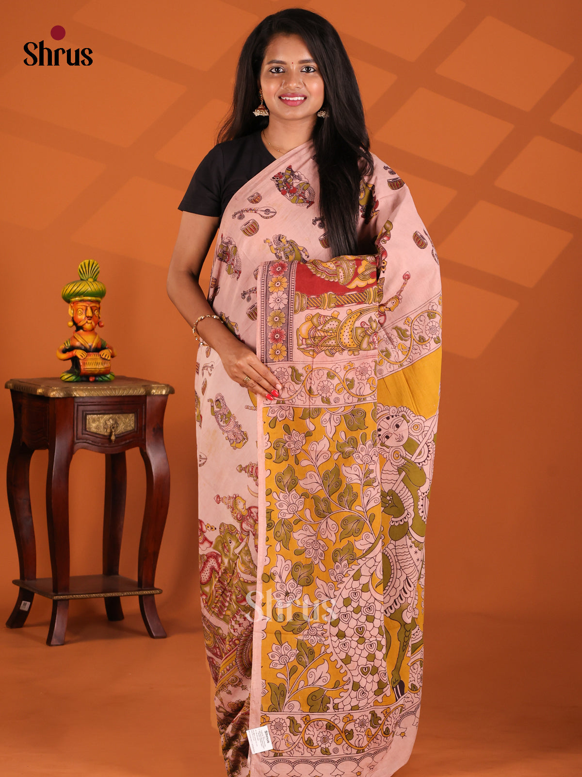 Pink & Yellow - kalamkari-cotton Saree - Shop on Shrus.com
