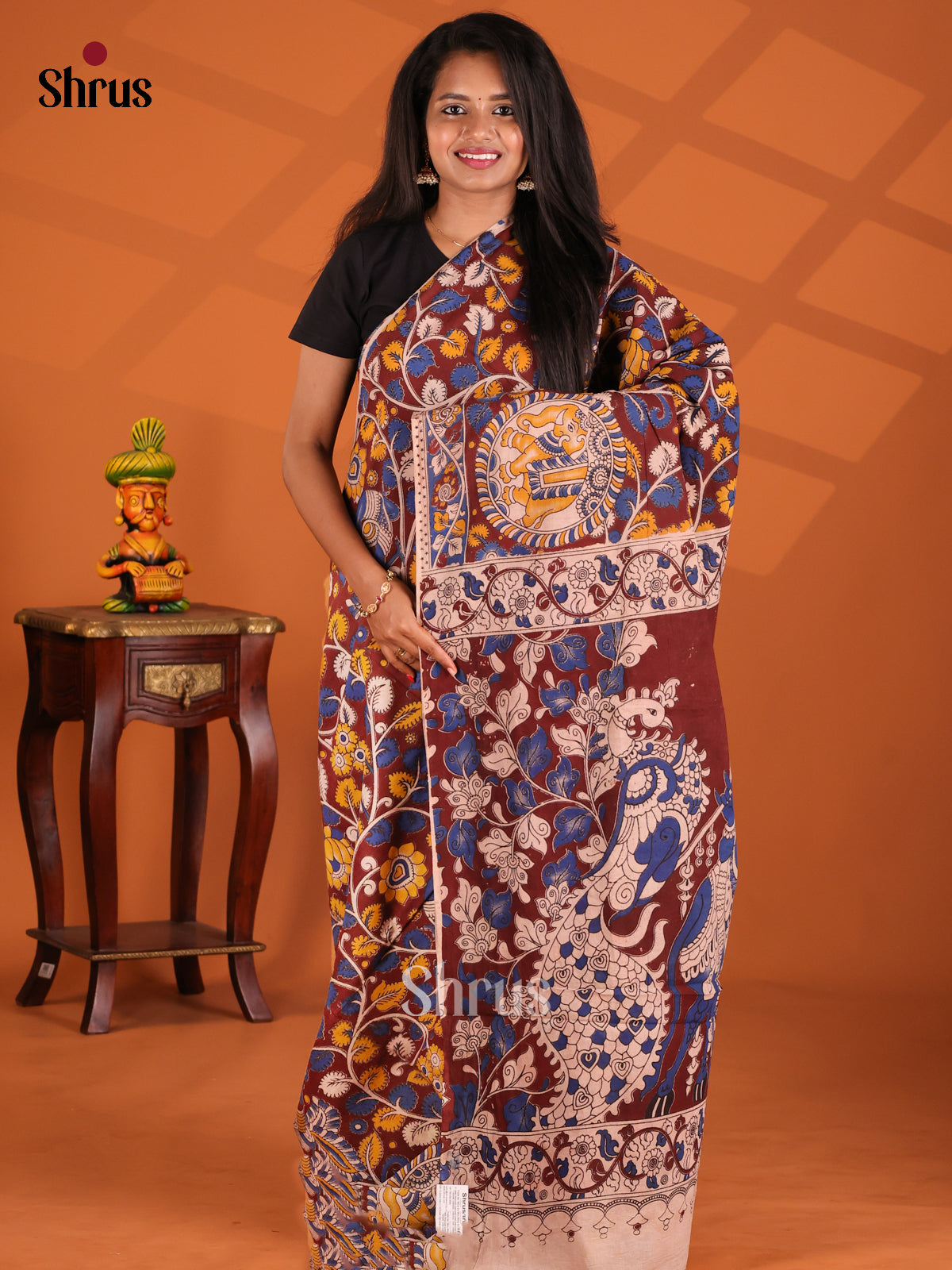 Maroon & Blue- kalamkari-cotton Saree - Shop on Shrus.com