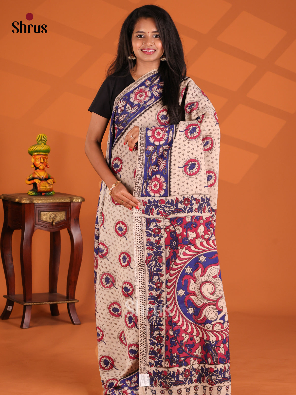 Cream & Blue - kalamkari-cotton Saree - Shop on Shrus.com