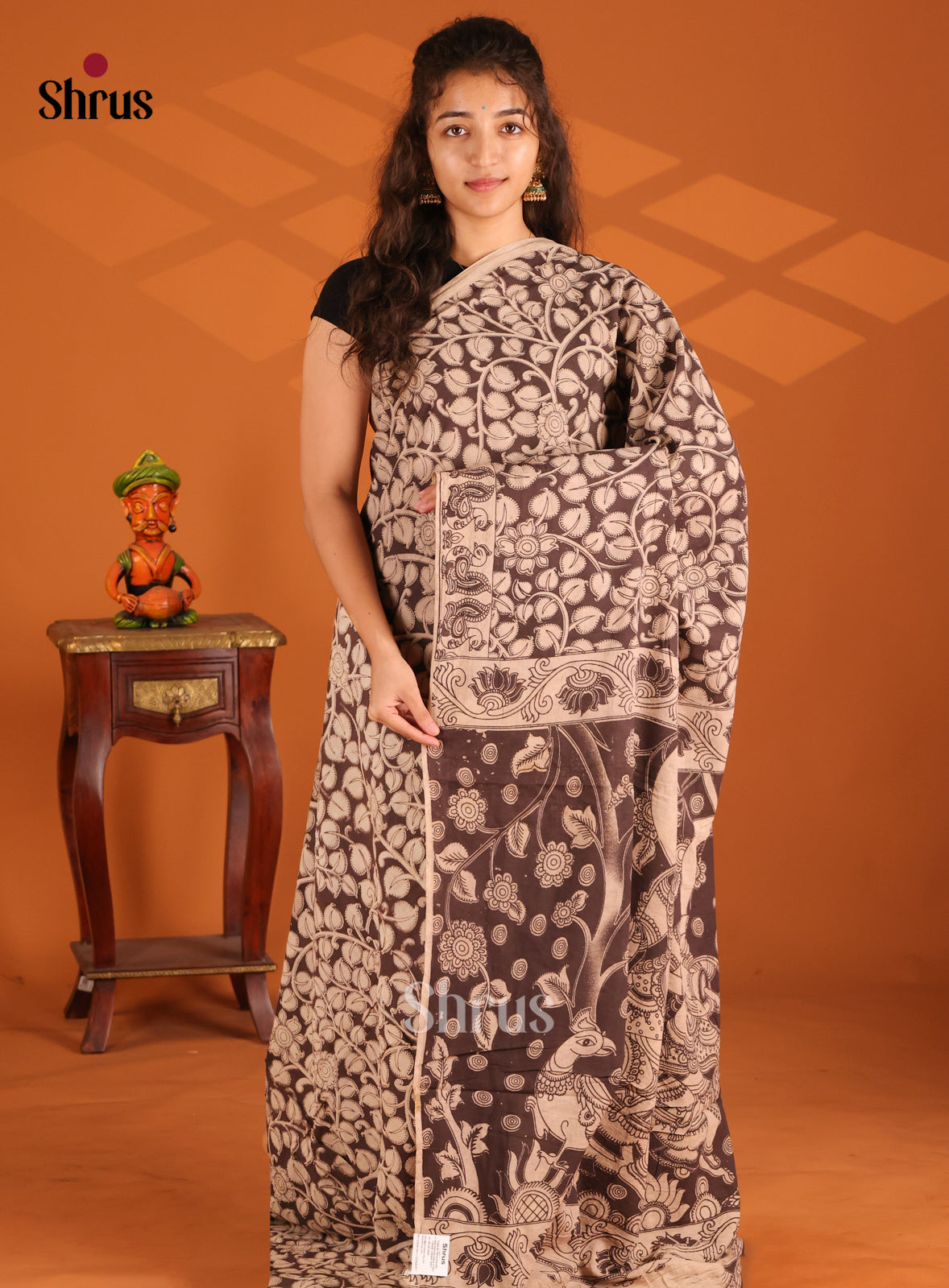 Black & Cream - Kalamkari cotton saree - Shop on Shrus.com