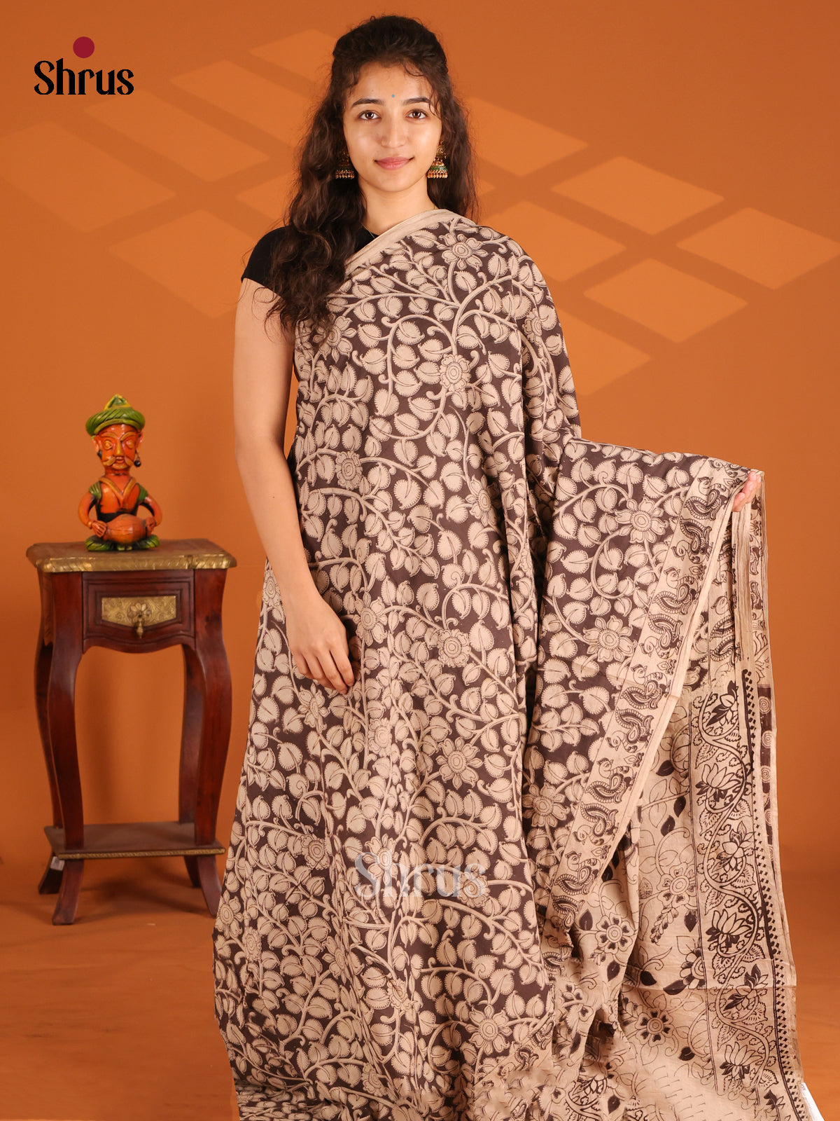 Black & Cream - Kalamkari cotton saree - Shop on Shrus.com