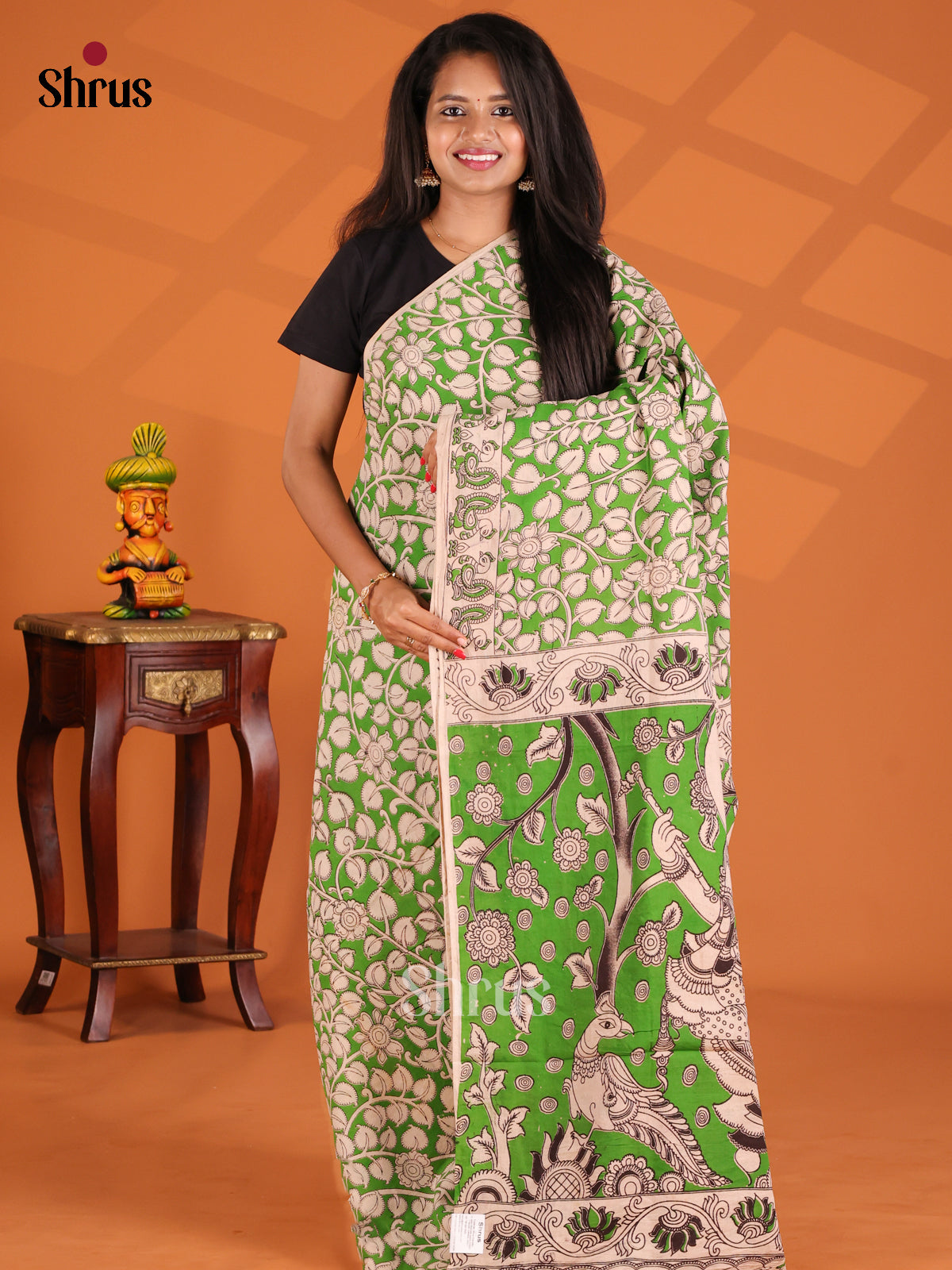 Light Green & Cream - kalamkari-cotton Saree - Shop on Shrus.com