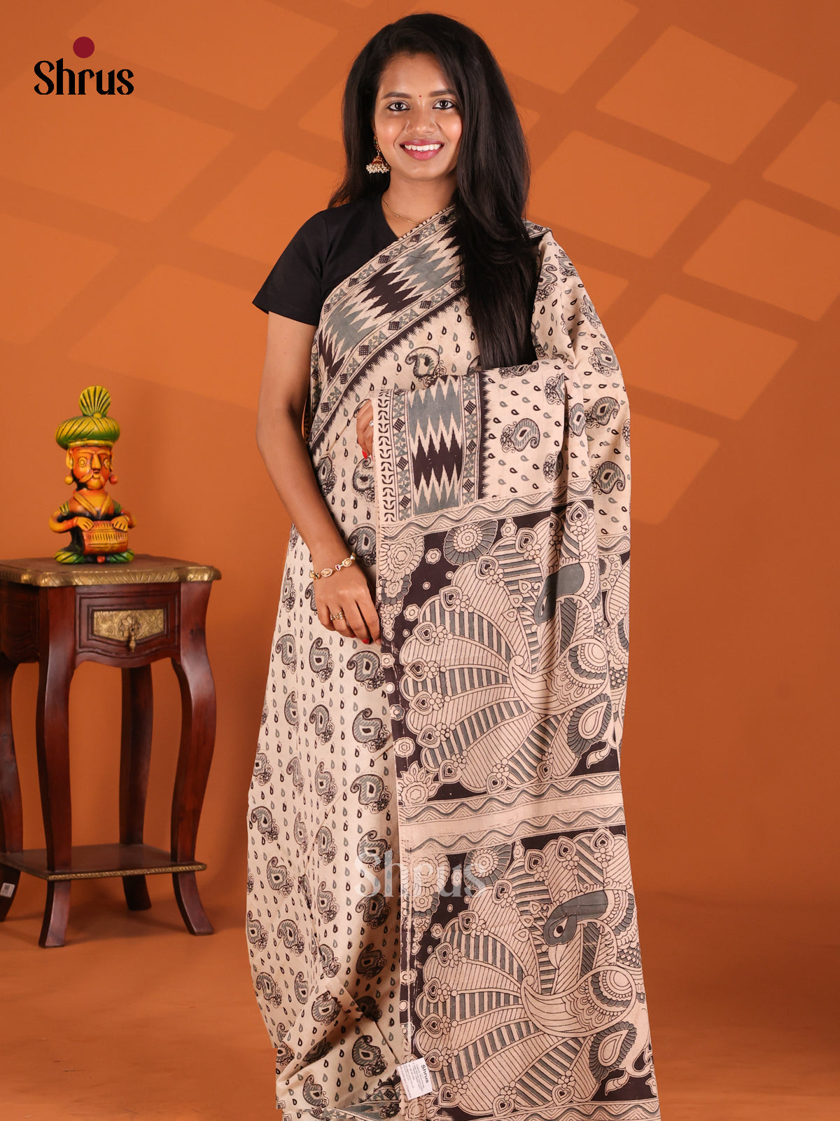 Cream & Black- kalamkari-cotton Saree - Shop on Shrus.com