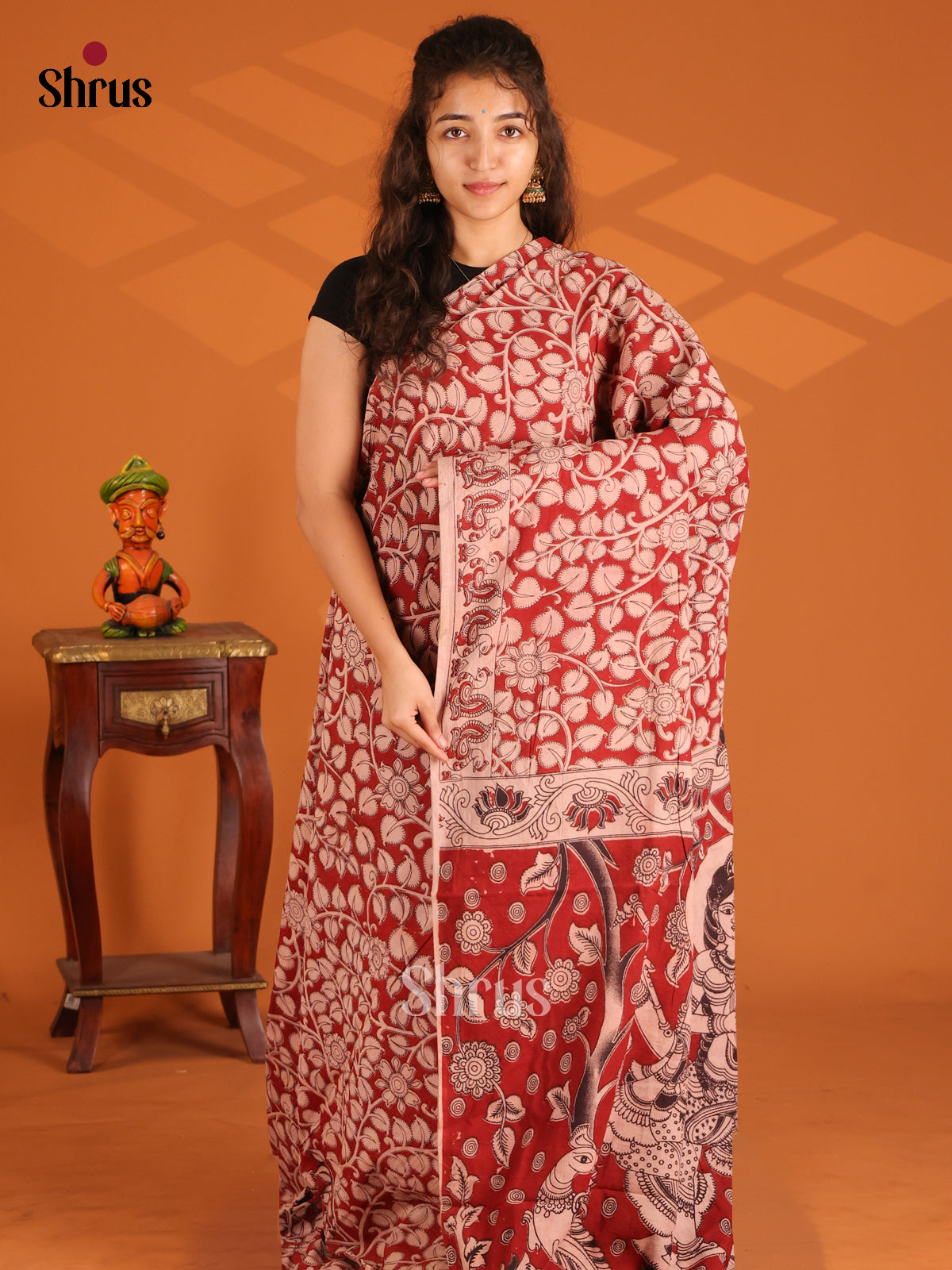 Red & Cream- Kalamkari cotton saree - Shop on Shrus.com