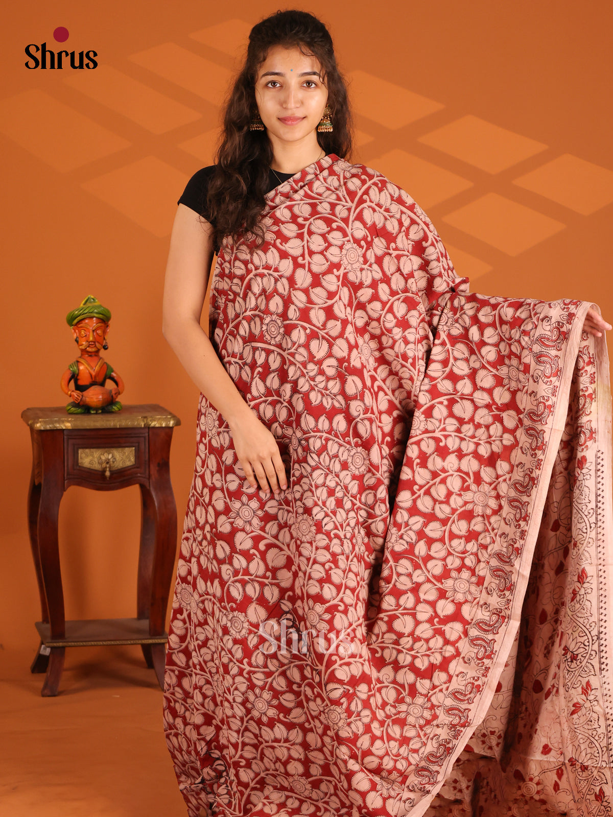 Red & Cream- Kalamkari cotton saree - Shop on Shrus.com