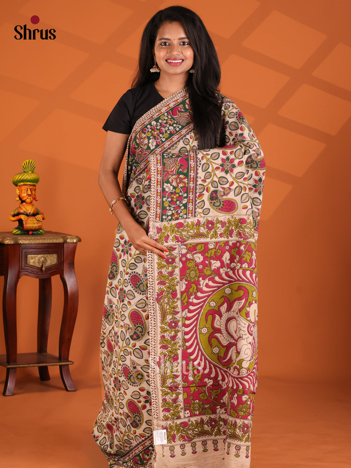 Cream & Pink- kalamkari-cotton Saree - Shop on Shrus.com