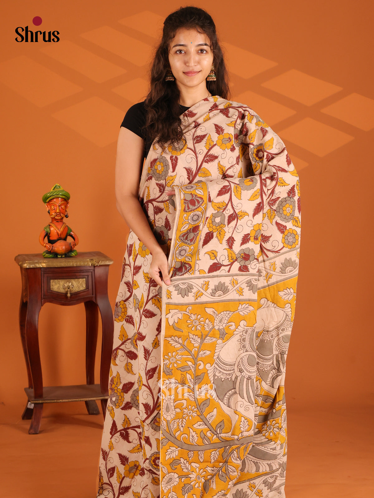 Cream & Yellow - Kalamkari cotton saree - Shop on Shrus.com