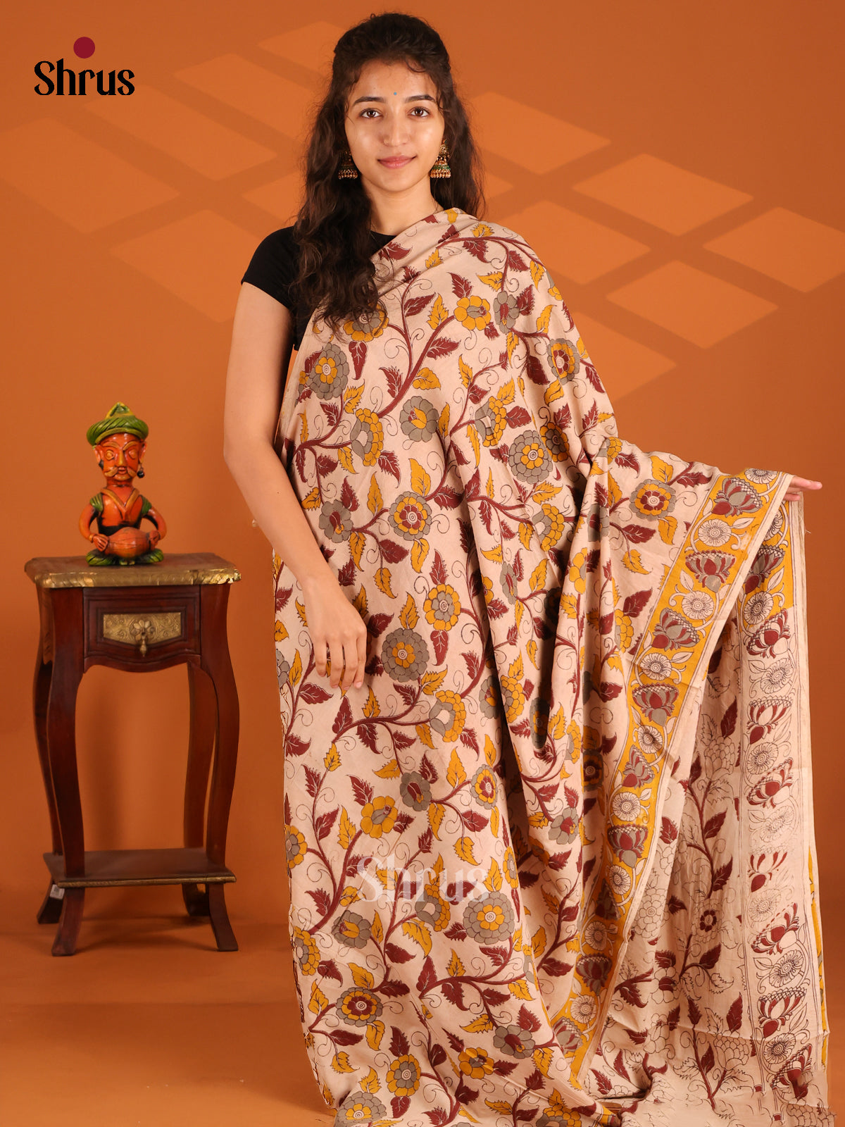 Cream & Yellow - Kalamkari cotton saree - Shop on Shrus.com