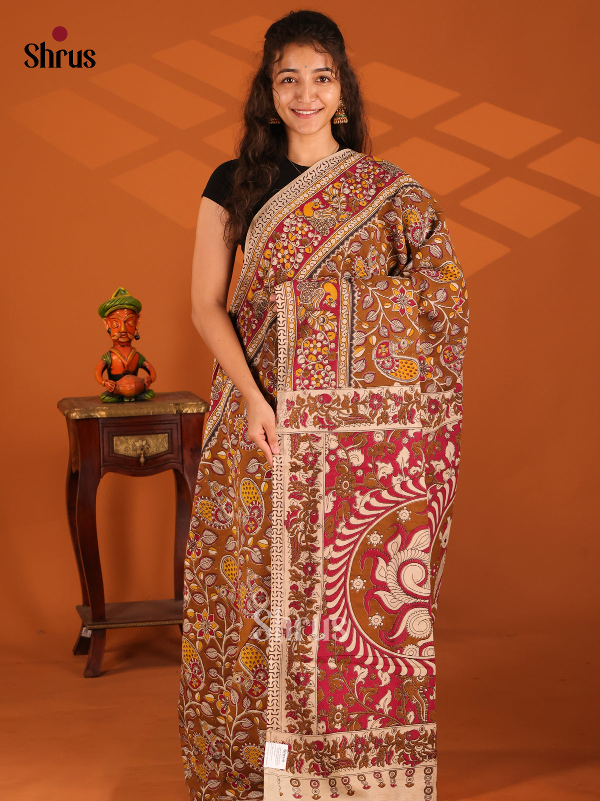 Brown & Red - Kalamkari cotton saree - Shop on Shrus.com