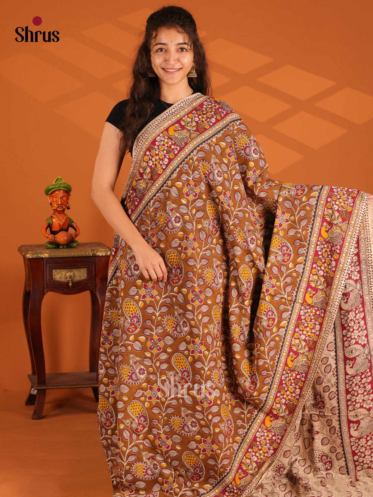 Brown & Red - Kalamkari cotton saree - Shop on Shrus.com