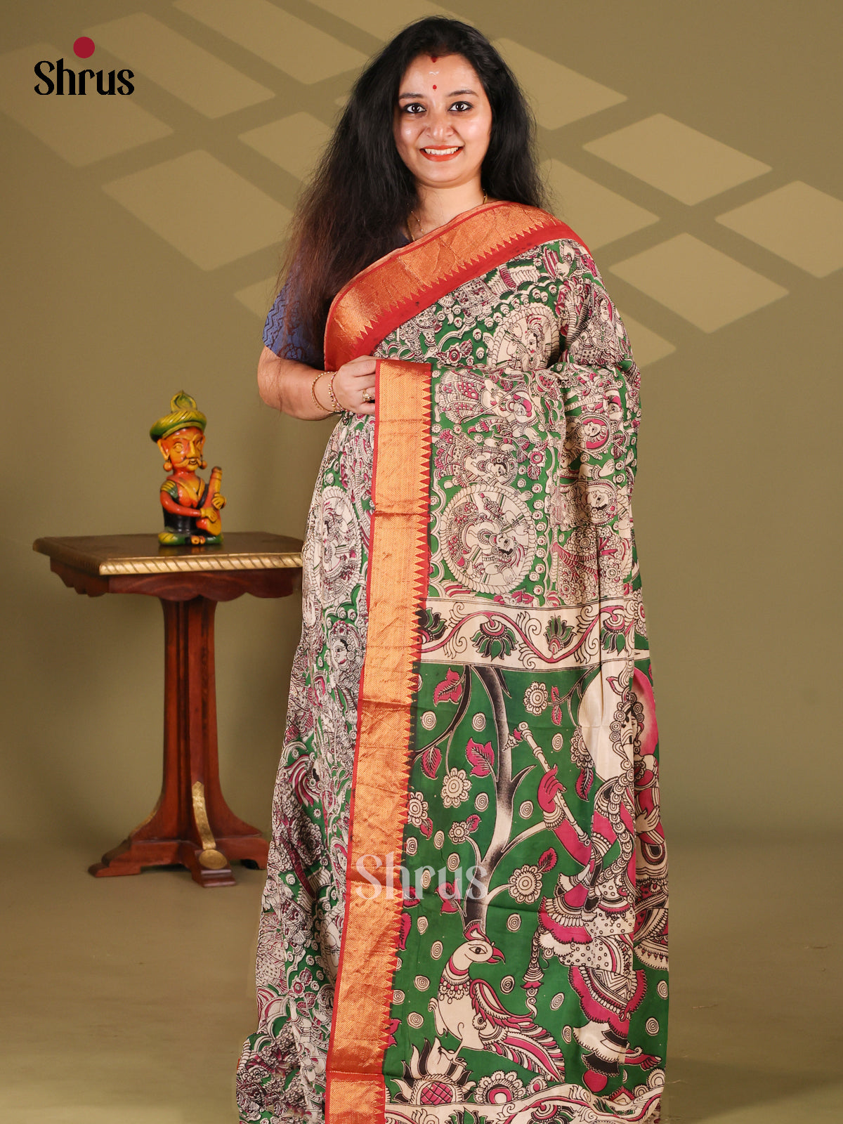 Green & Red- chennur-kalamkari Saree - Shop on Shrus.com
