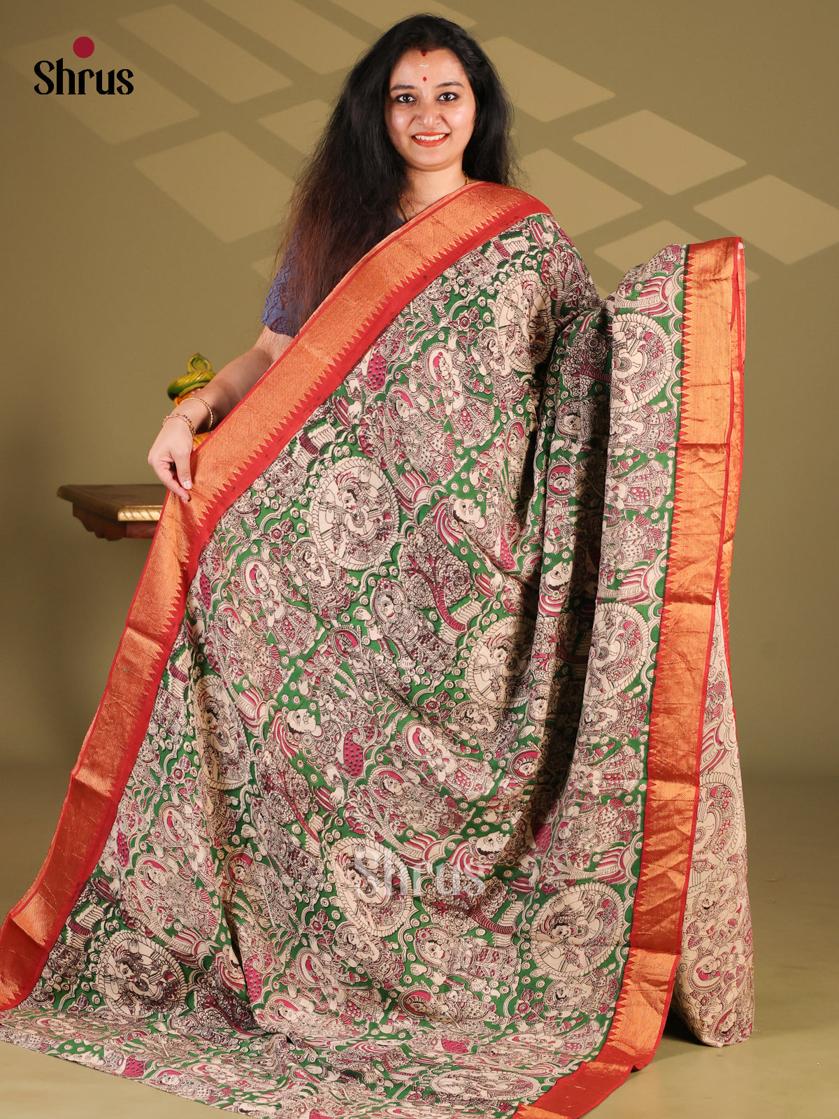 Green & Red- chennur-kalamkari Saree - Shop on Shrus.com