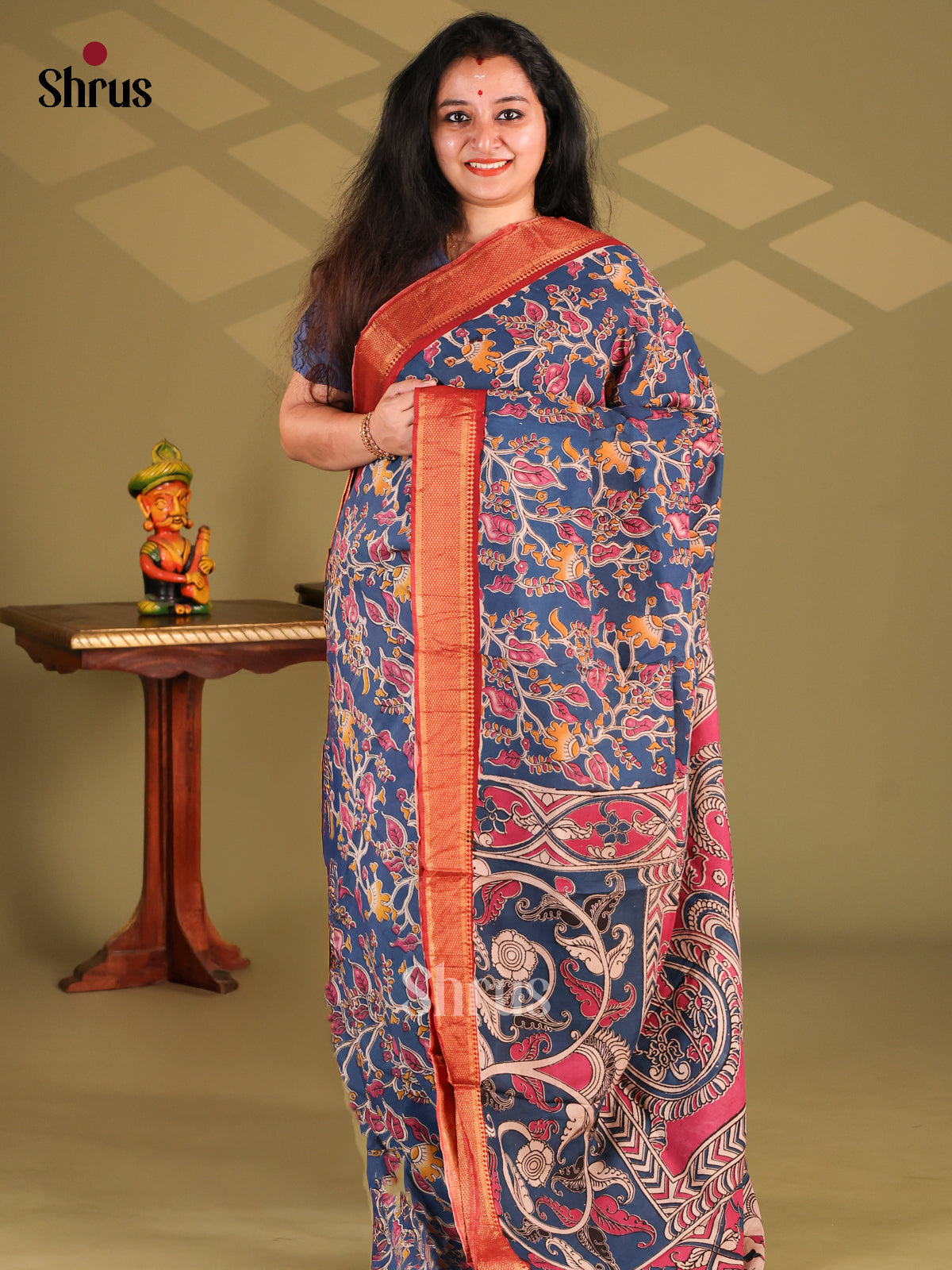 Blue & Red - chennur-kalamkari Saree - Shop on Shrus.com