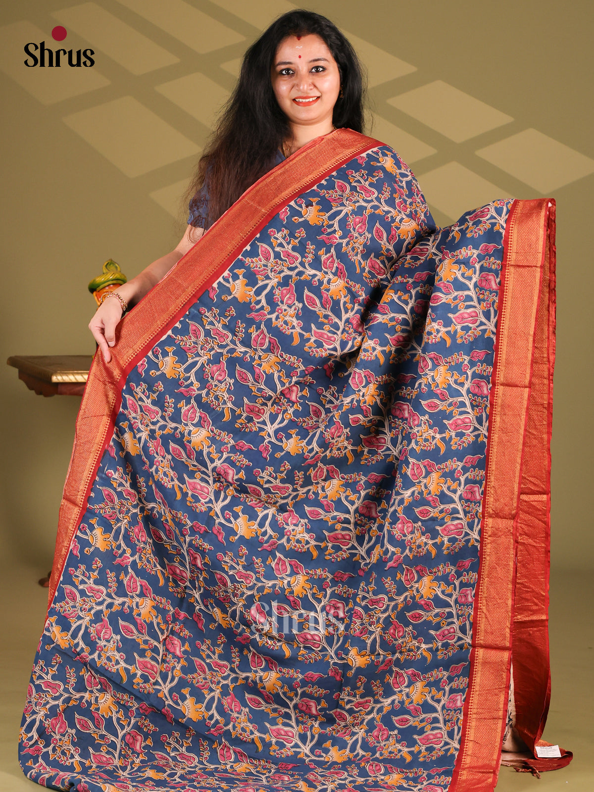 Blue & Red - chennur-kalamkari Saree - Shop on Shrus.com