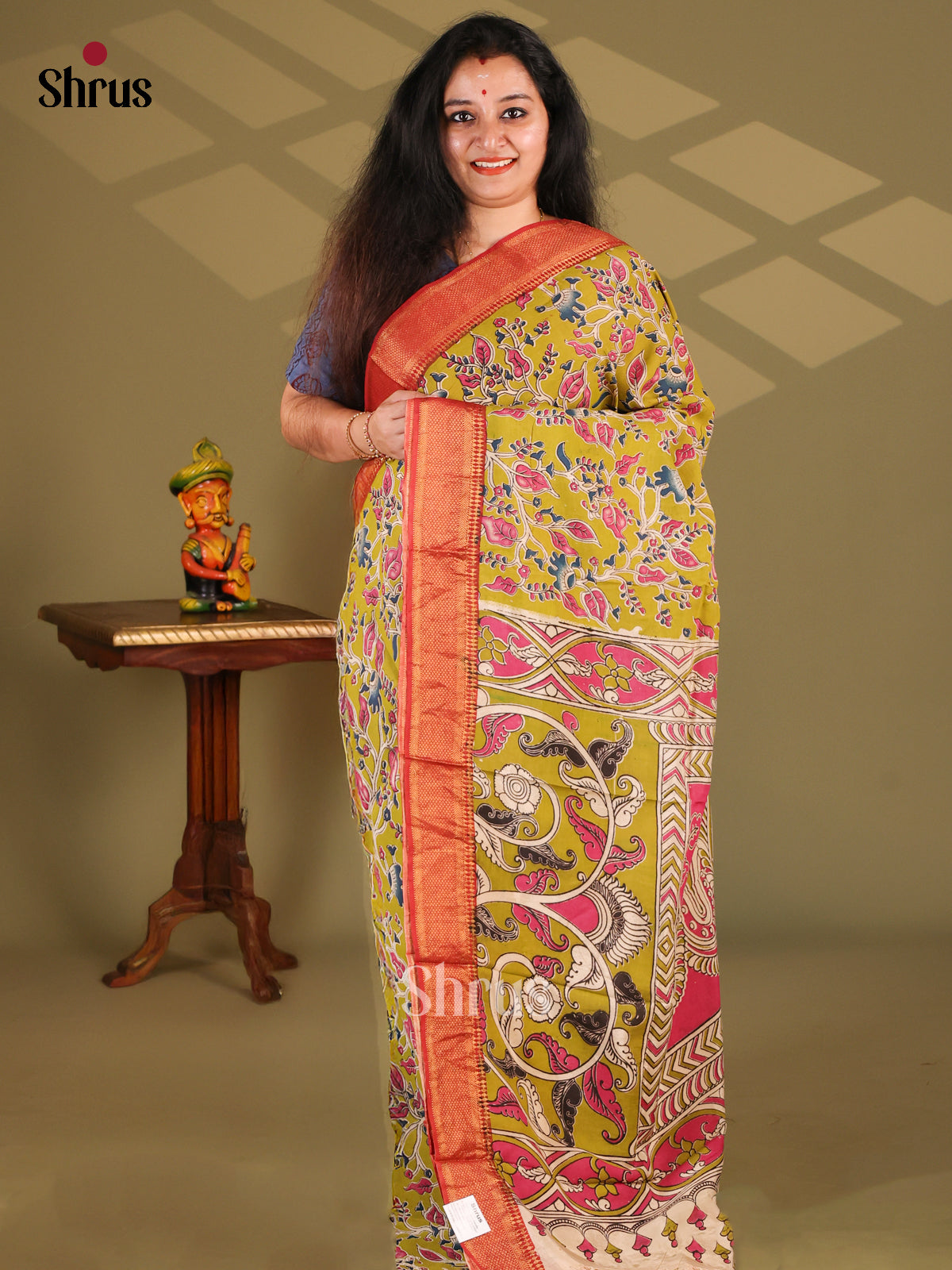 Mustard & Red- chennur-kalamkari Saree - Shop on Shrus.com