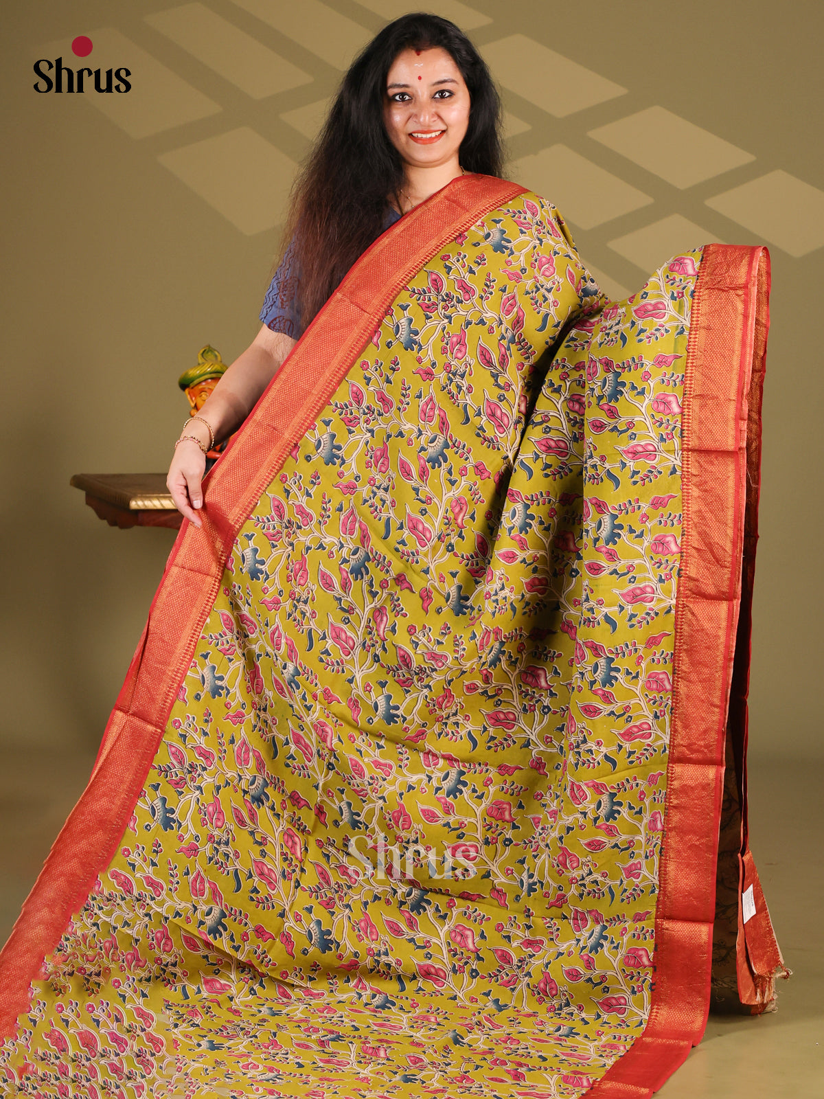 Mustard & Red- chennur-kalamkari Saree - Shop on Shrus.com