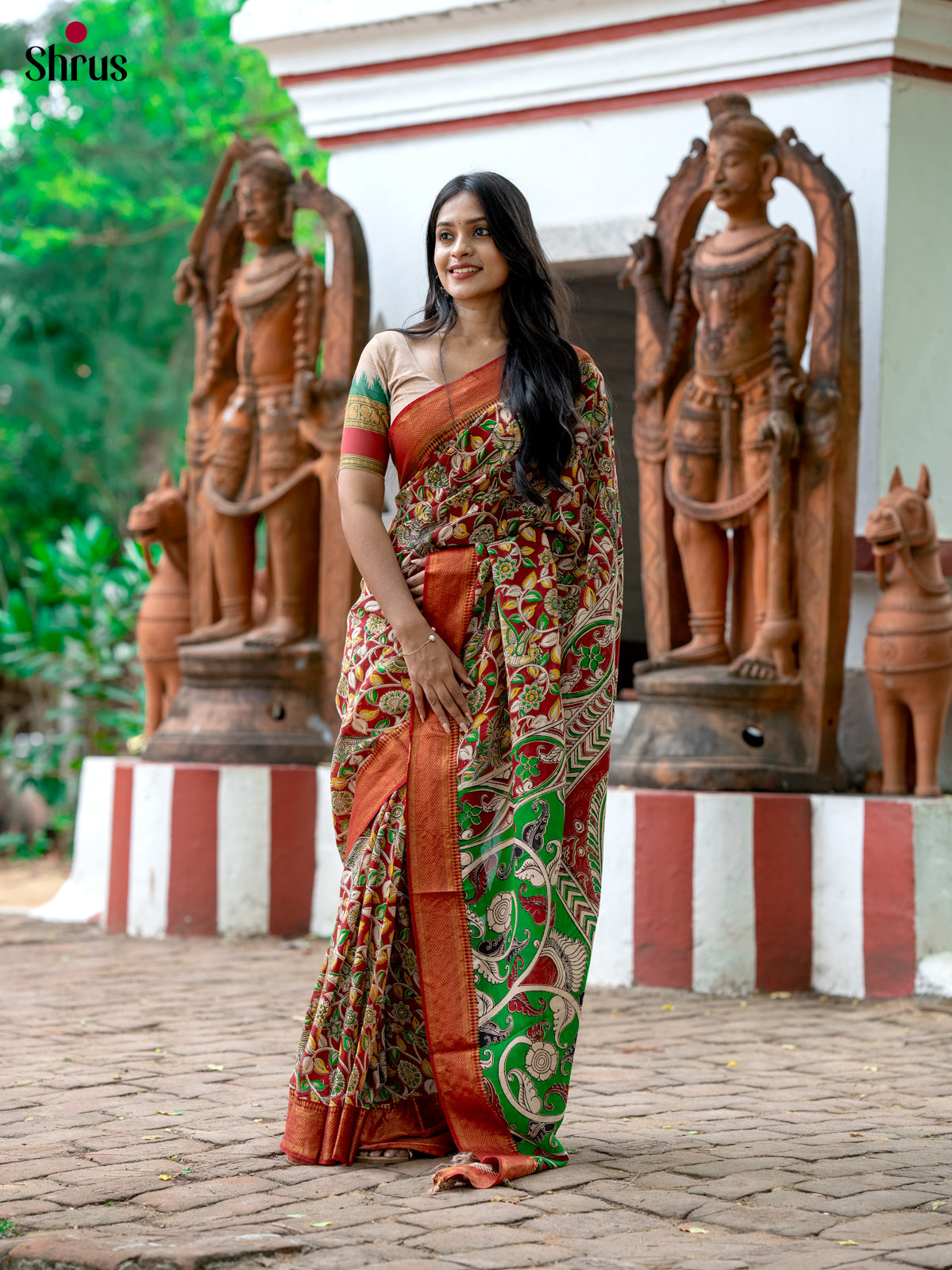 Red - chennur-kalamkari Saree - Shop on Shrus.com