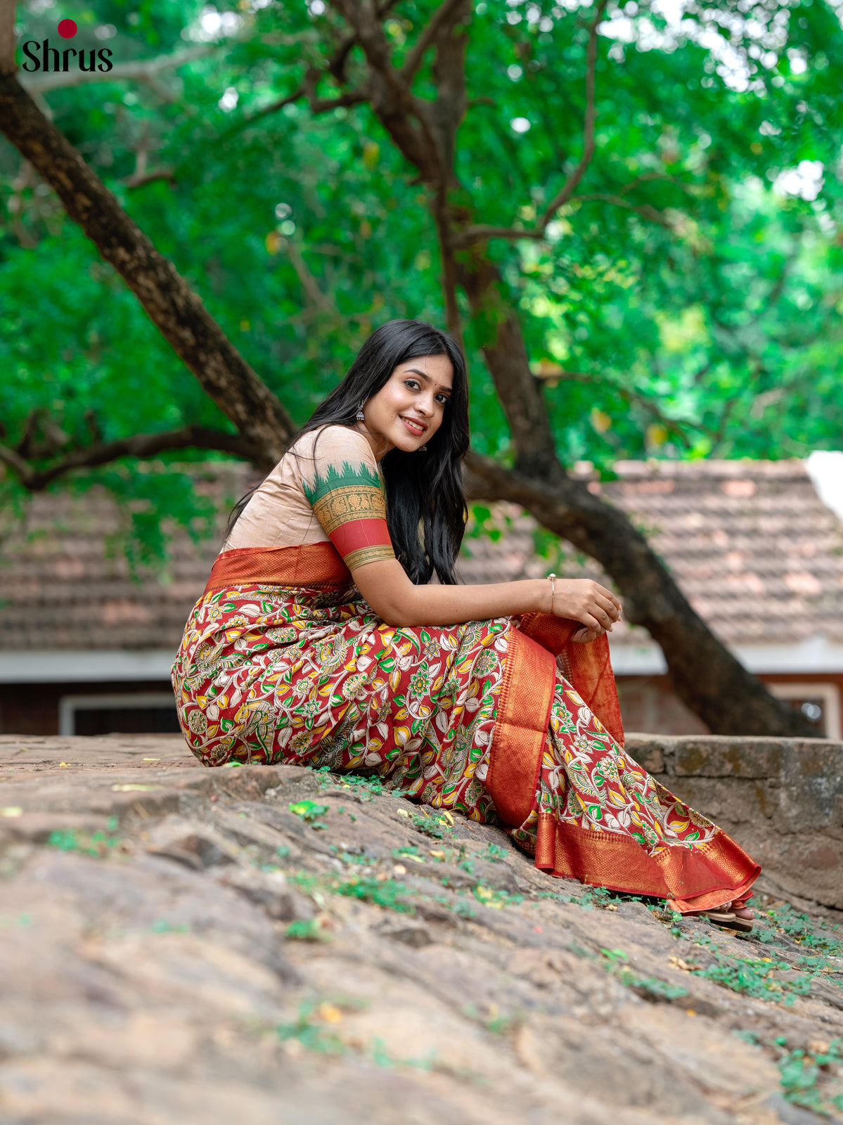 Red - chennur-kalamkari Saree - Shop on Shrus.com