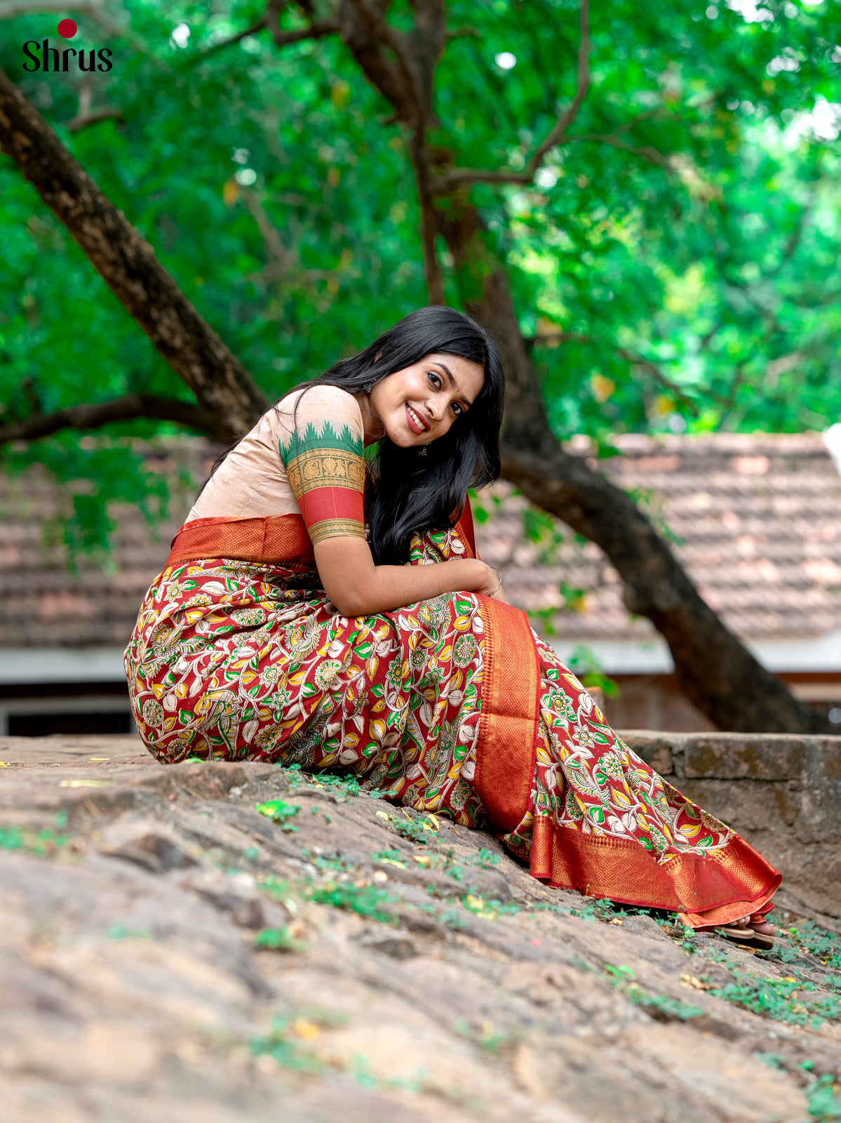 Red - chennur-kalamkari Saree - Shop on Shrus.com