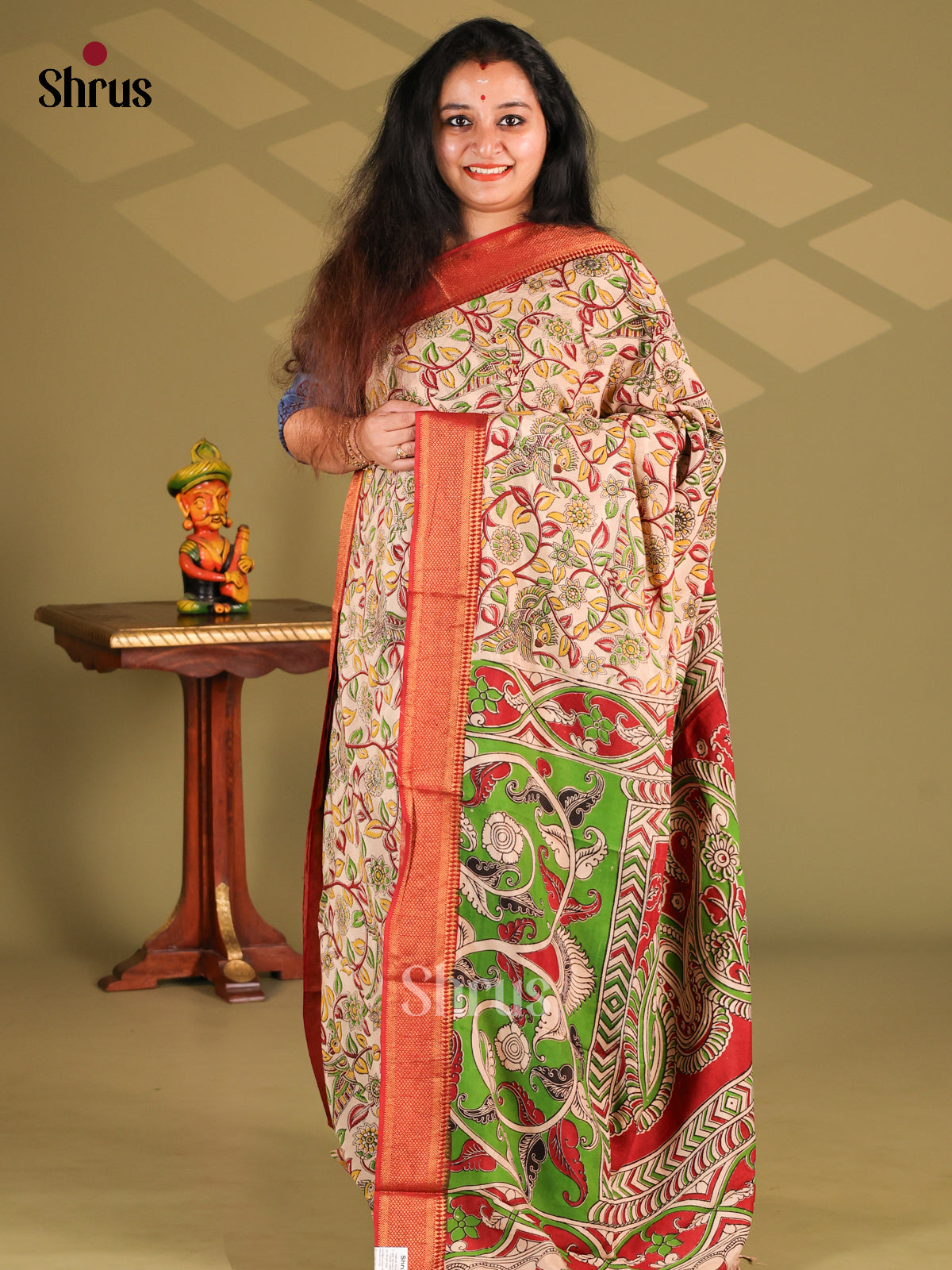 Cream & Red - chennur-kalamkari Saree - Shop on Shrus.com