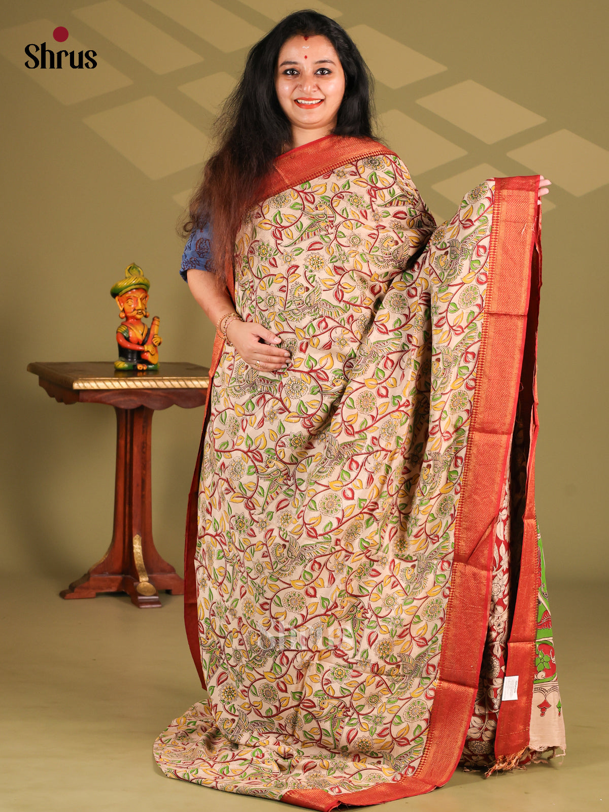 Cream & Red - chennur-kalamkari Saree - Shop on Shrus.com