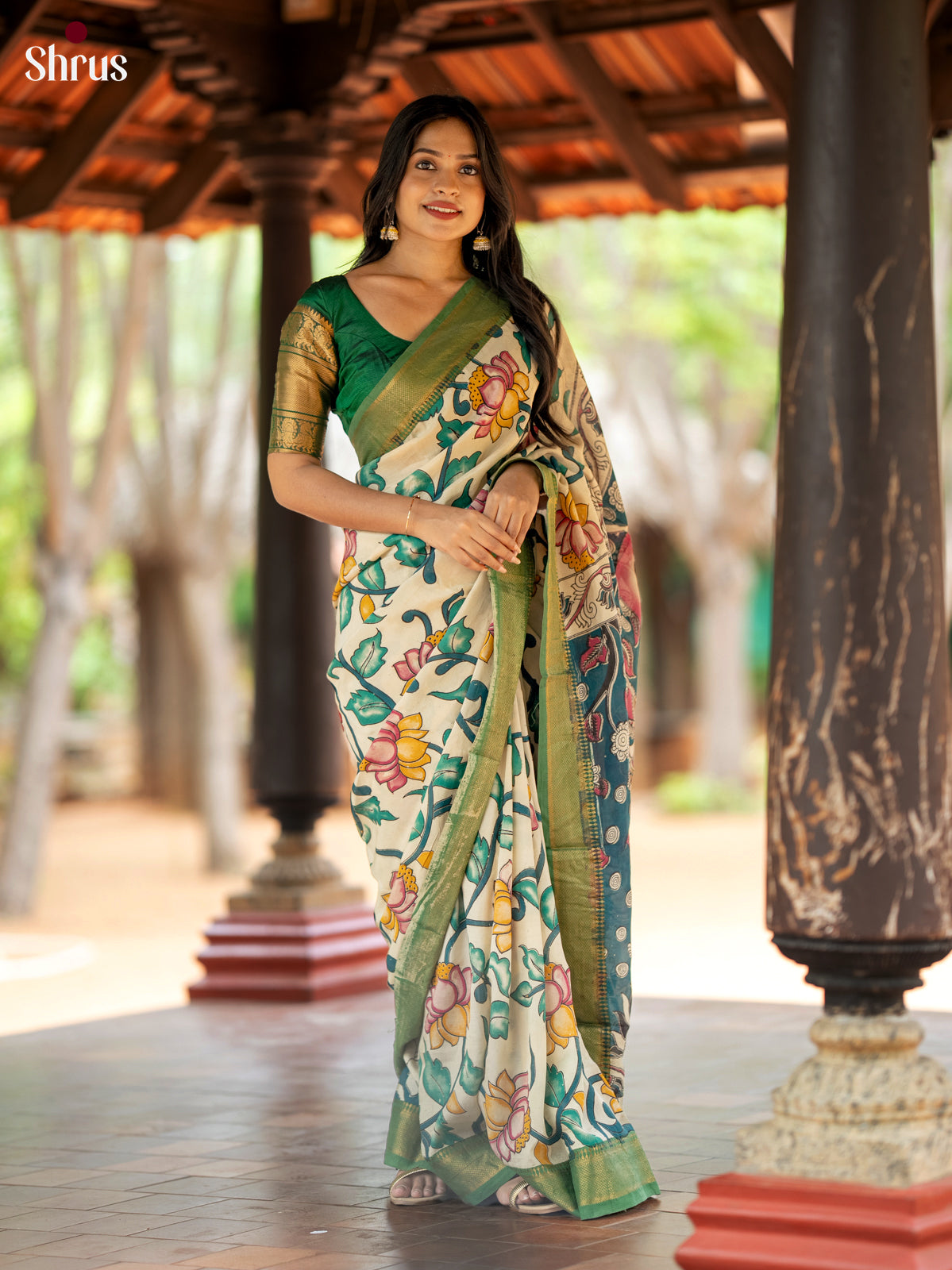 Cream with Green - chennur-kalamkari Saree - Shop on Shrus.com