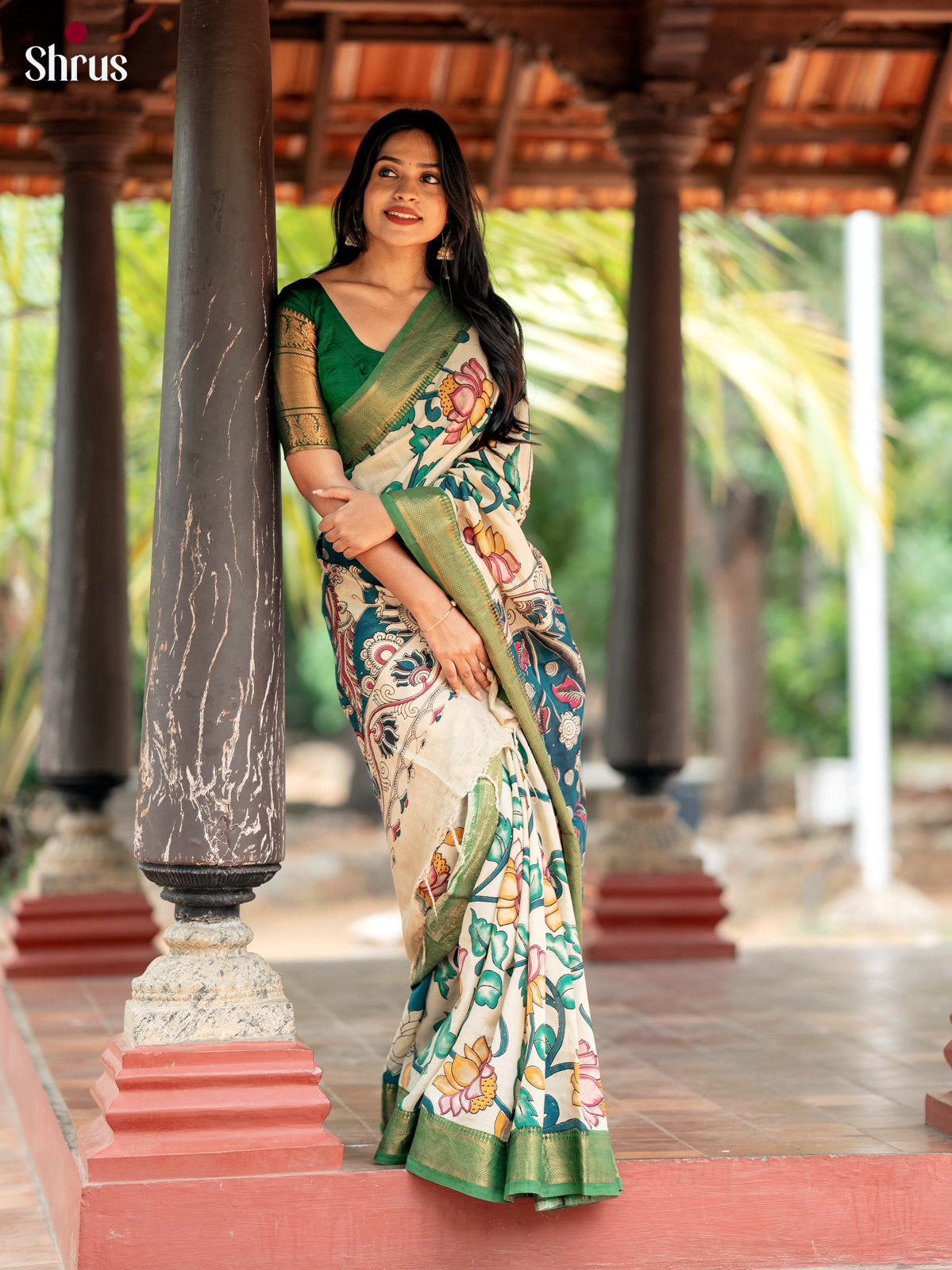 Cream with Green - chennur-kalamkari Saree - Shop on Shrus.com