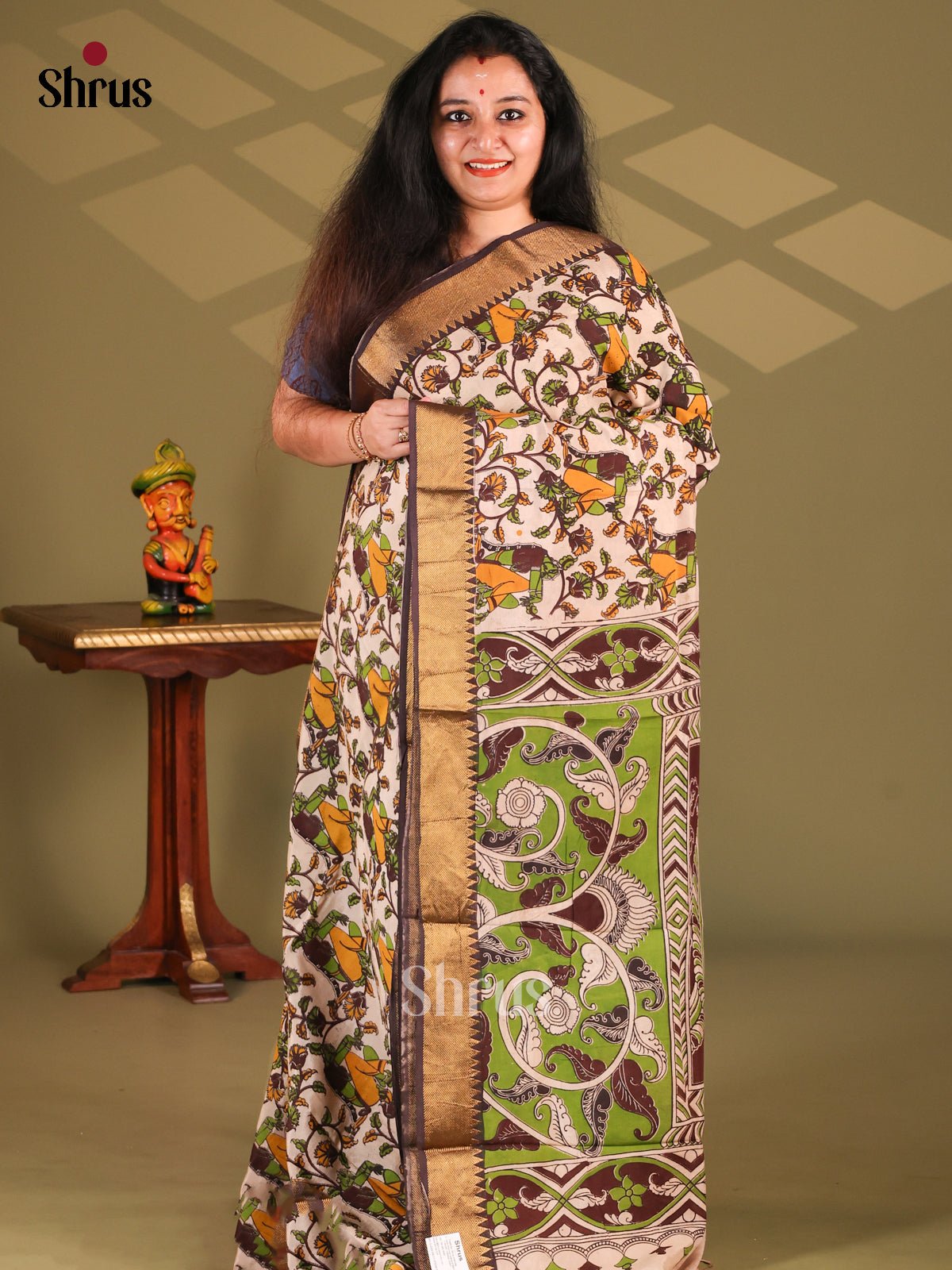 Cream & Brown- chennur-kalamkari Saree - Shop on Shrus.com