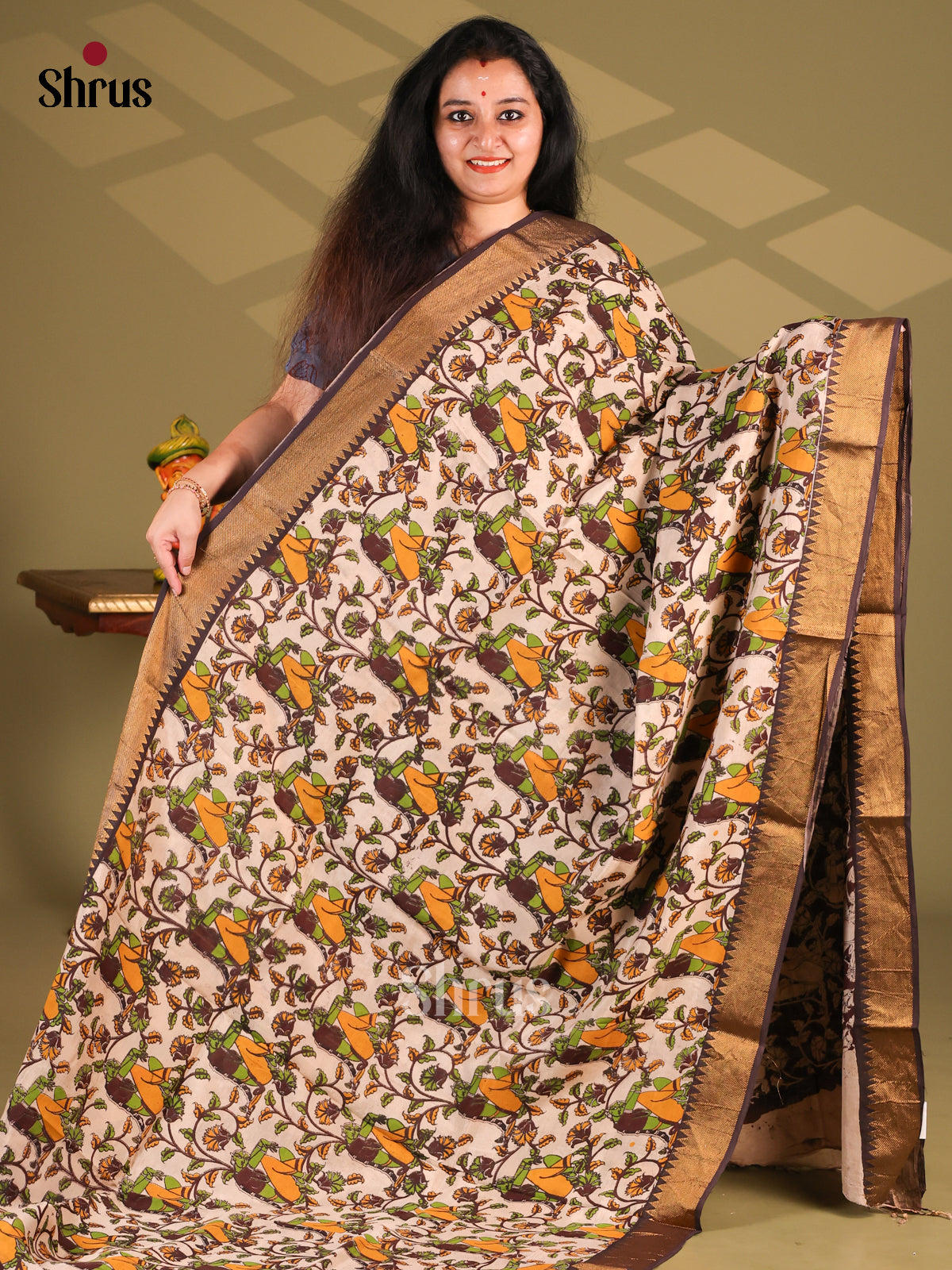 Cream & Brown- chennur-kalamkari Saree - Shop on Shrus.com