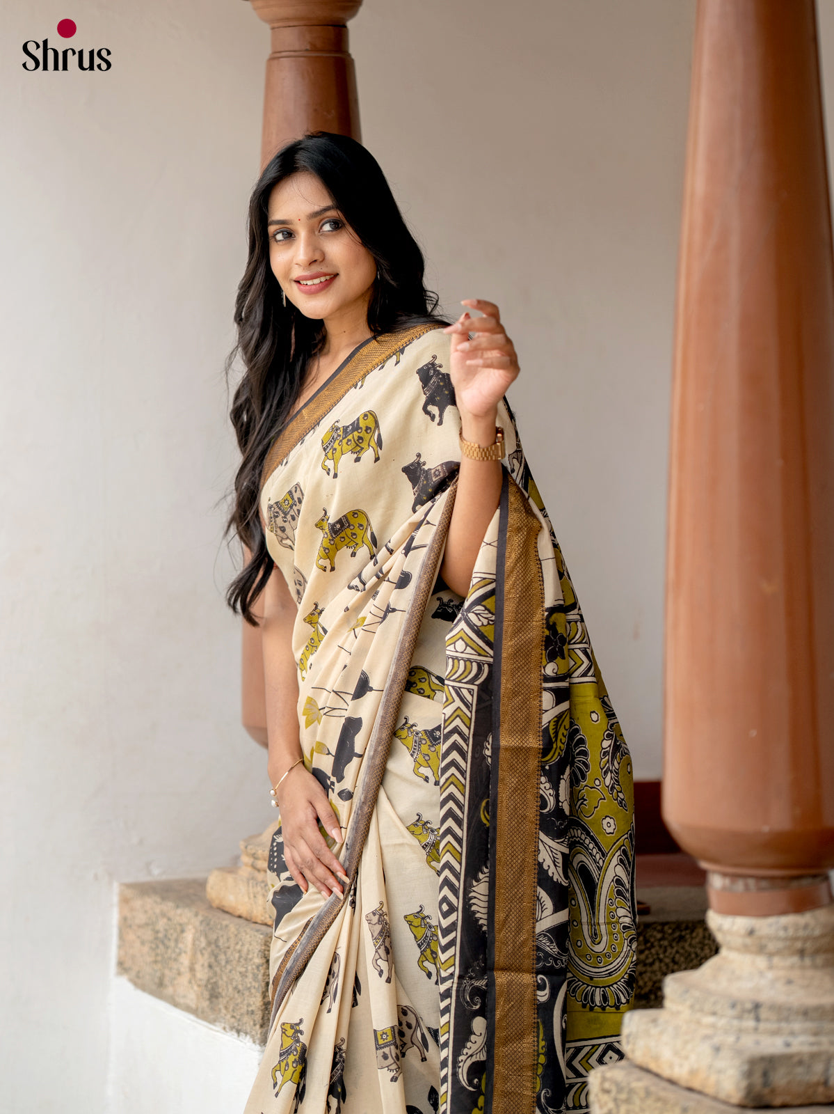 Cream & Black - chennur-kalamkari Saree - Shop on Shrus.com