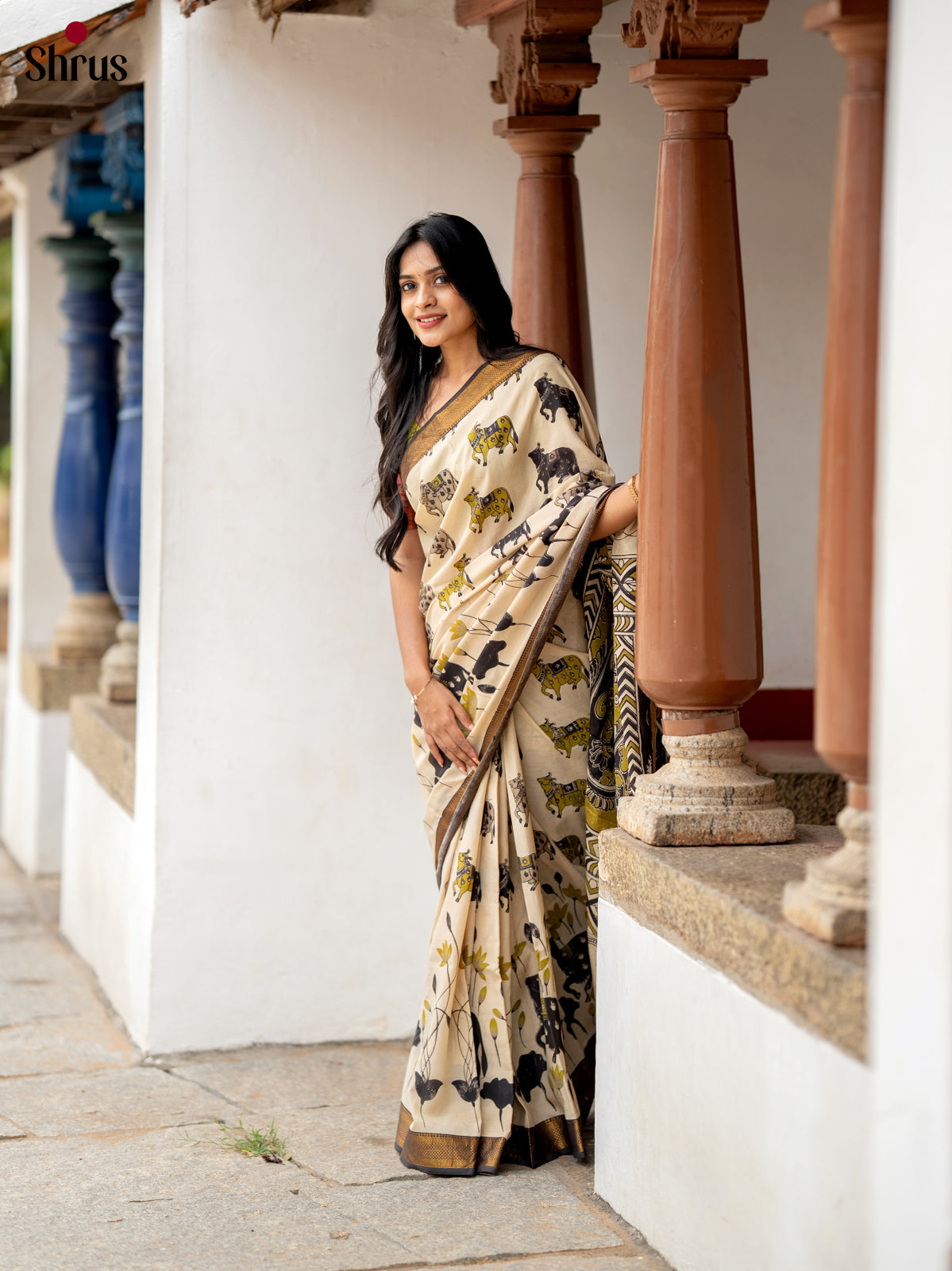 Cream & Black - chennur-kalamkari Saree - Shop on Shrus.com