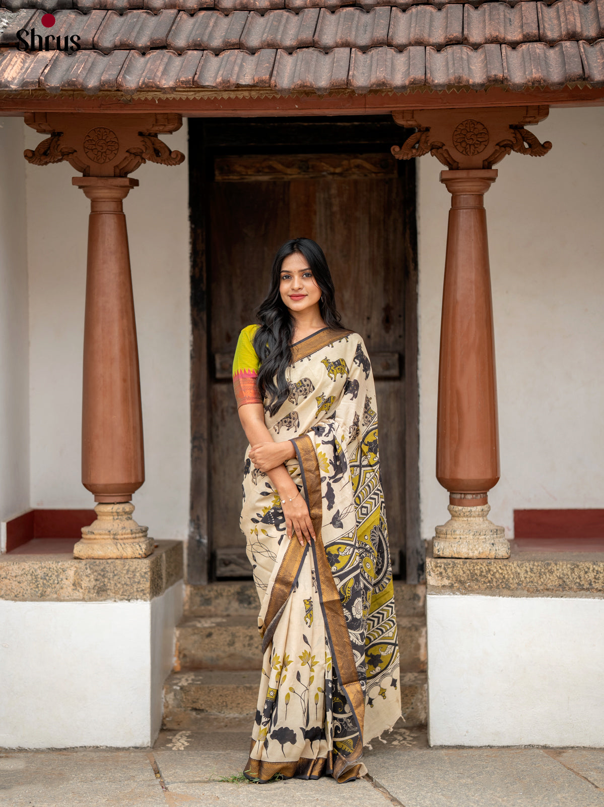 Cream & Black - chennur-kalamkari Saree - Shop on Shrus.com