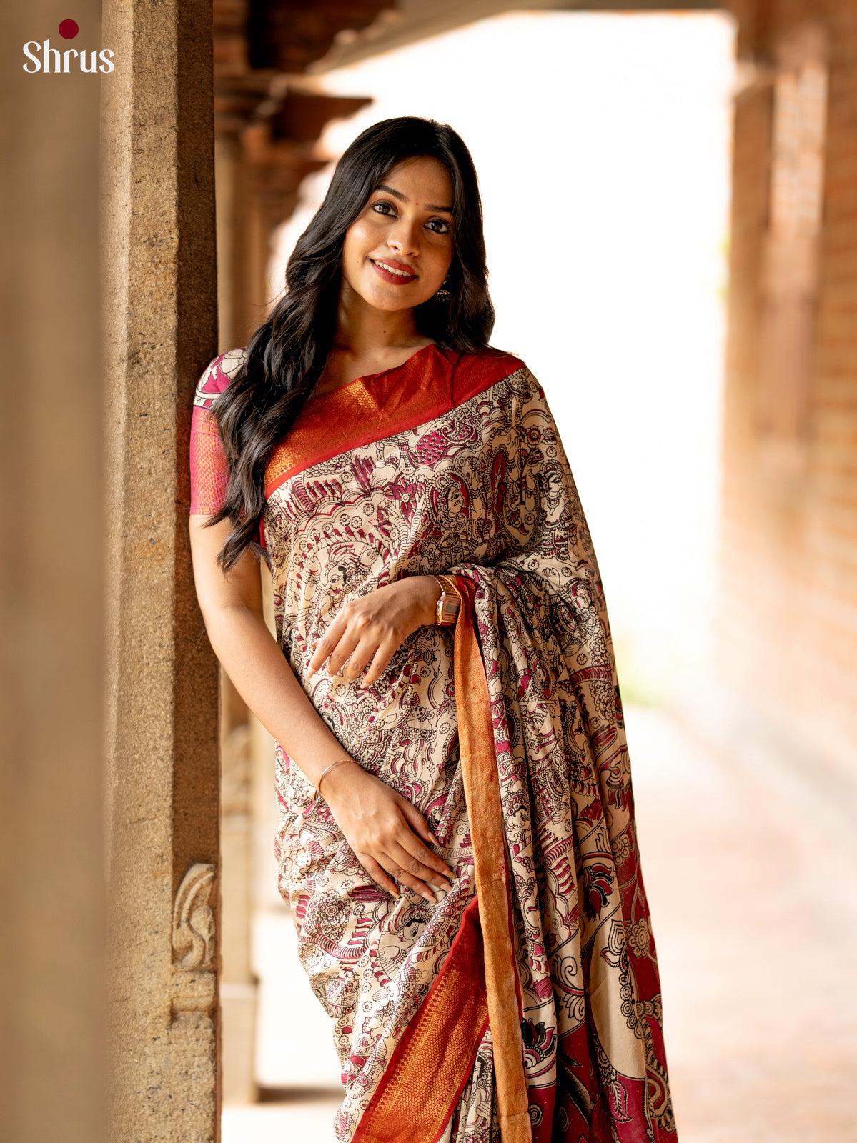 Cream with Red- chennur-kalamkari Saree - Shop on Shrus.com