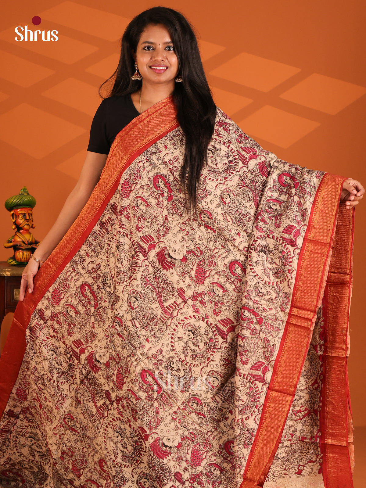 Cream with Red- chennur-kalamkari Saree - Shop on Shrus.com