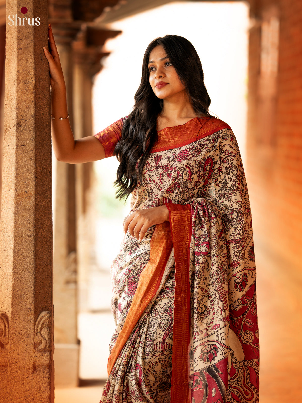 Cream with Red- chennur-kalamkari Saree - Shop on Shrus.com